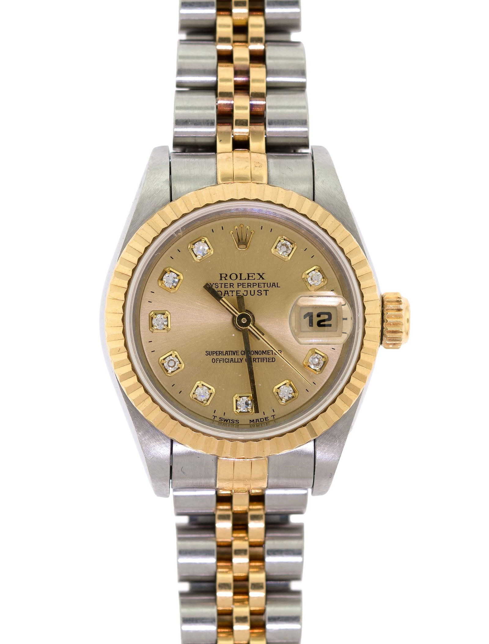 ROLEX STAINLESS STEEL & 18K GOLD LADY DATEJUST WATCH.: A Rolex Lady Datejust, two-tone, stainless steel and 18k yellow gold (stamped), wrist watch, serial #W610936, model #69173, automatic movement, 26mm, diamond dial, pie plate bezel, jubilee bracelet,