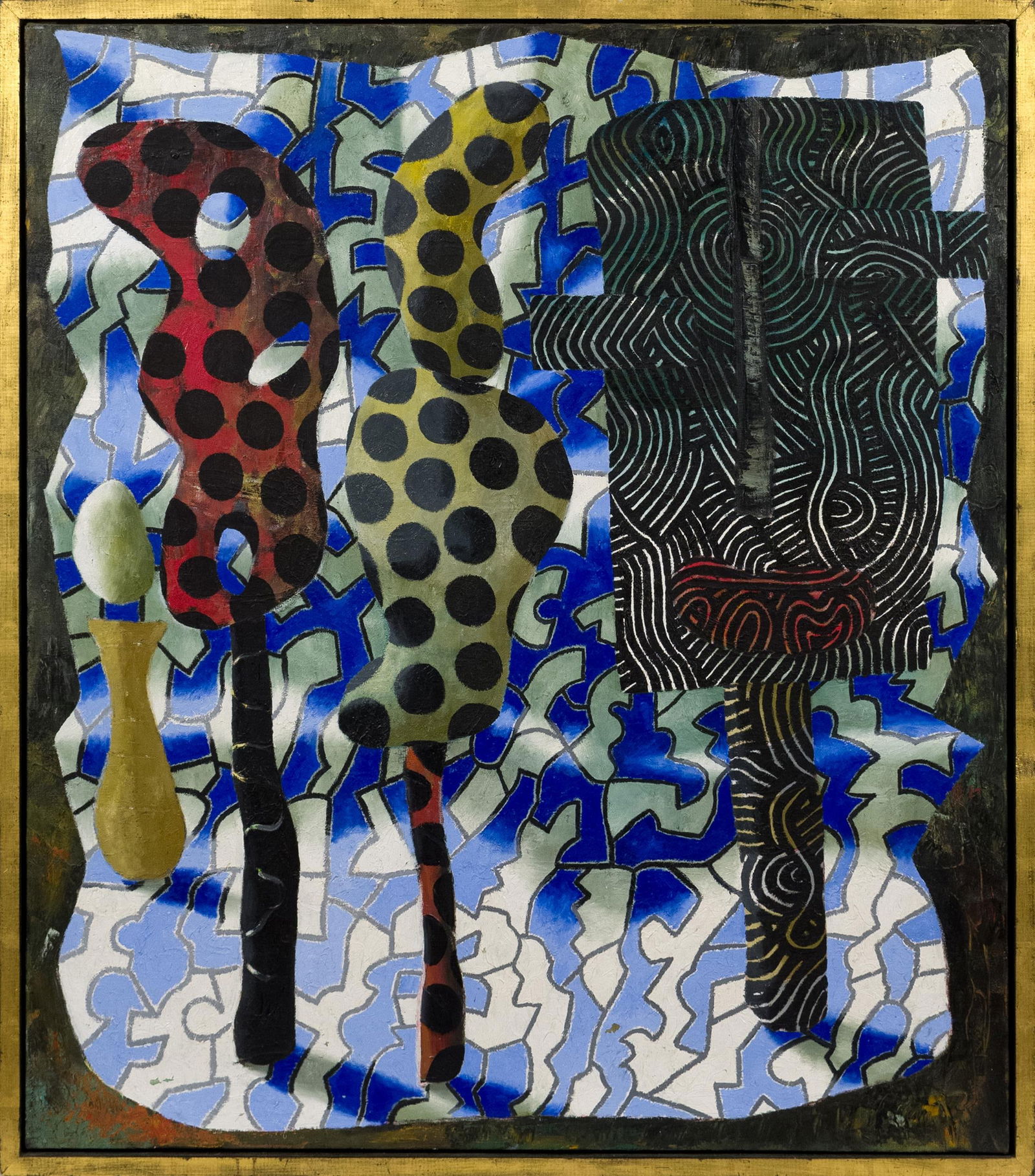 JAMES HENSEN OIL, THE PUZZLE.: A 1986 James Hensen oil on canvas, titled on the back ‘The Puzzle, 1986’. Includes original bill of sale. Image 42” x 36”, Overall in frame 44” x 38”.