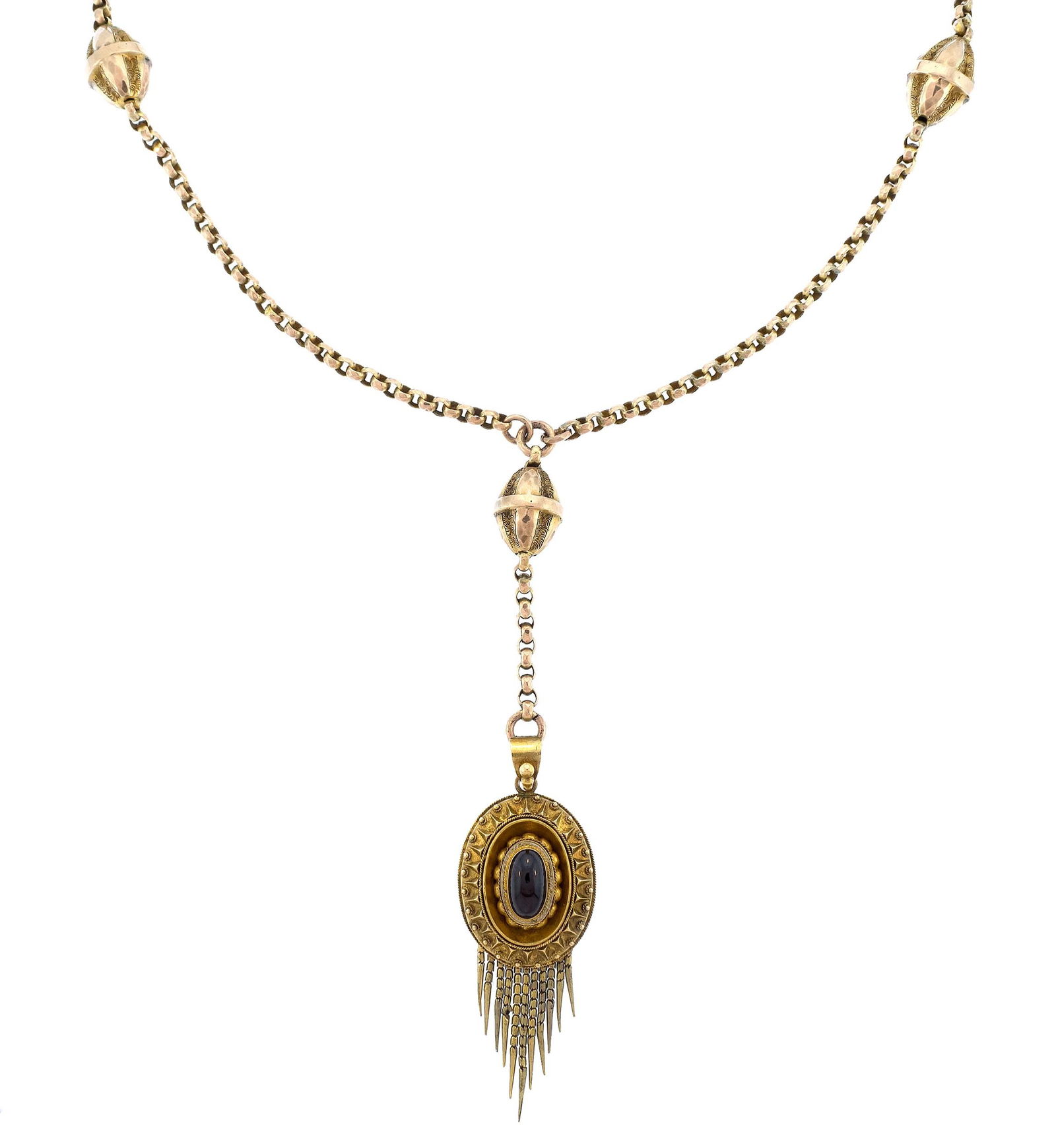 VICTORIAN GOLD CHAIN W/ GARNET & ENAMEL LOCKET. (1 of 10)