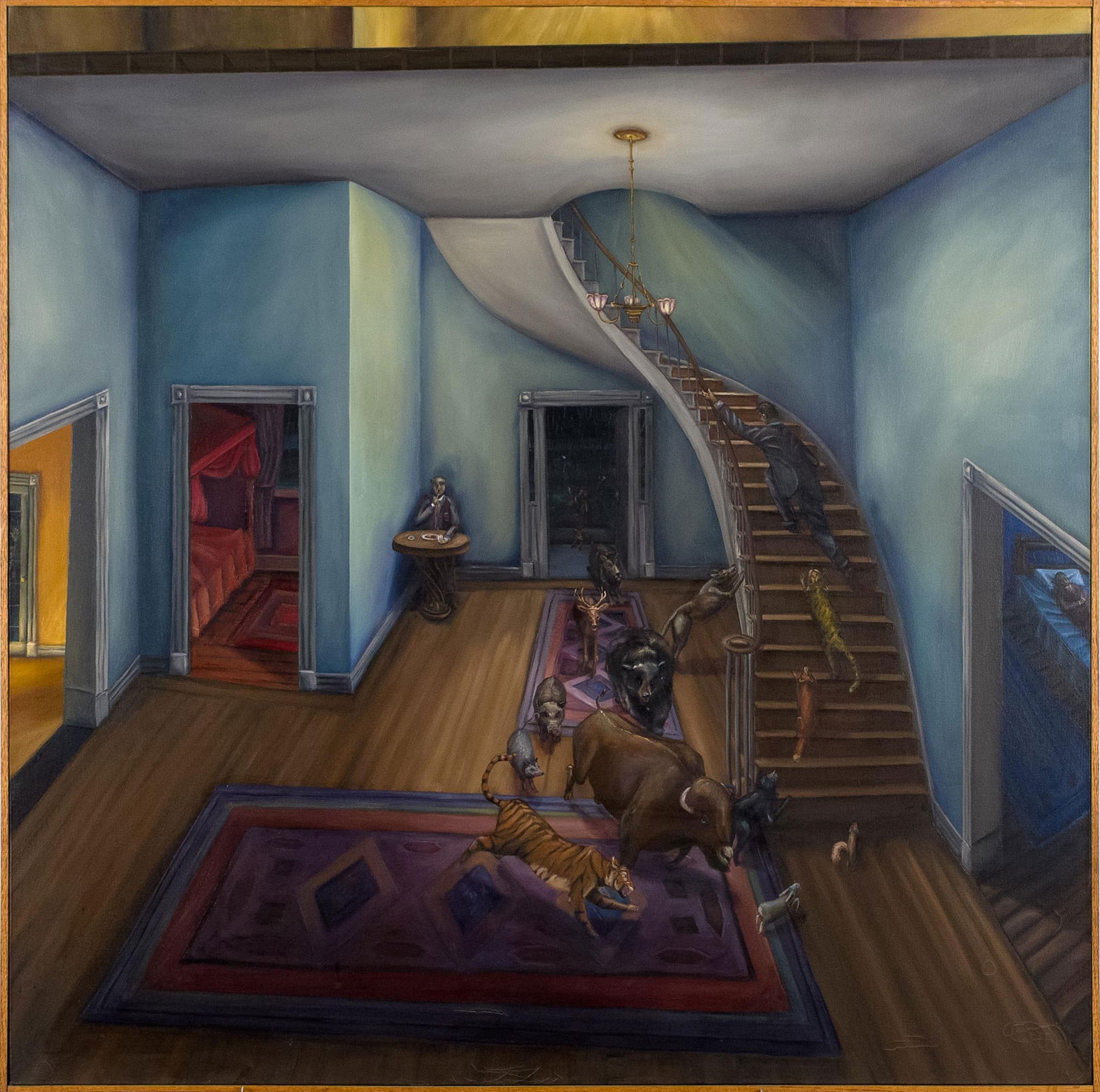 DAVID KROLL OIL, CIVILIZATION PARABLE.: A David Kroll (b. 1956) large oil on canvas, titled on reverse 'A Civilization Parable - The Spiral Staircase to a Higher Ground', signed and dated 1985. Labels on reverse from Dart Gallery Chicago, a