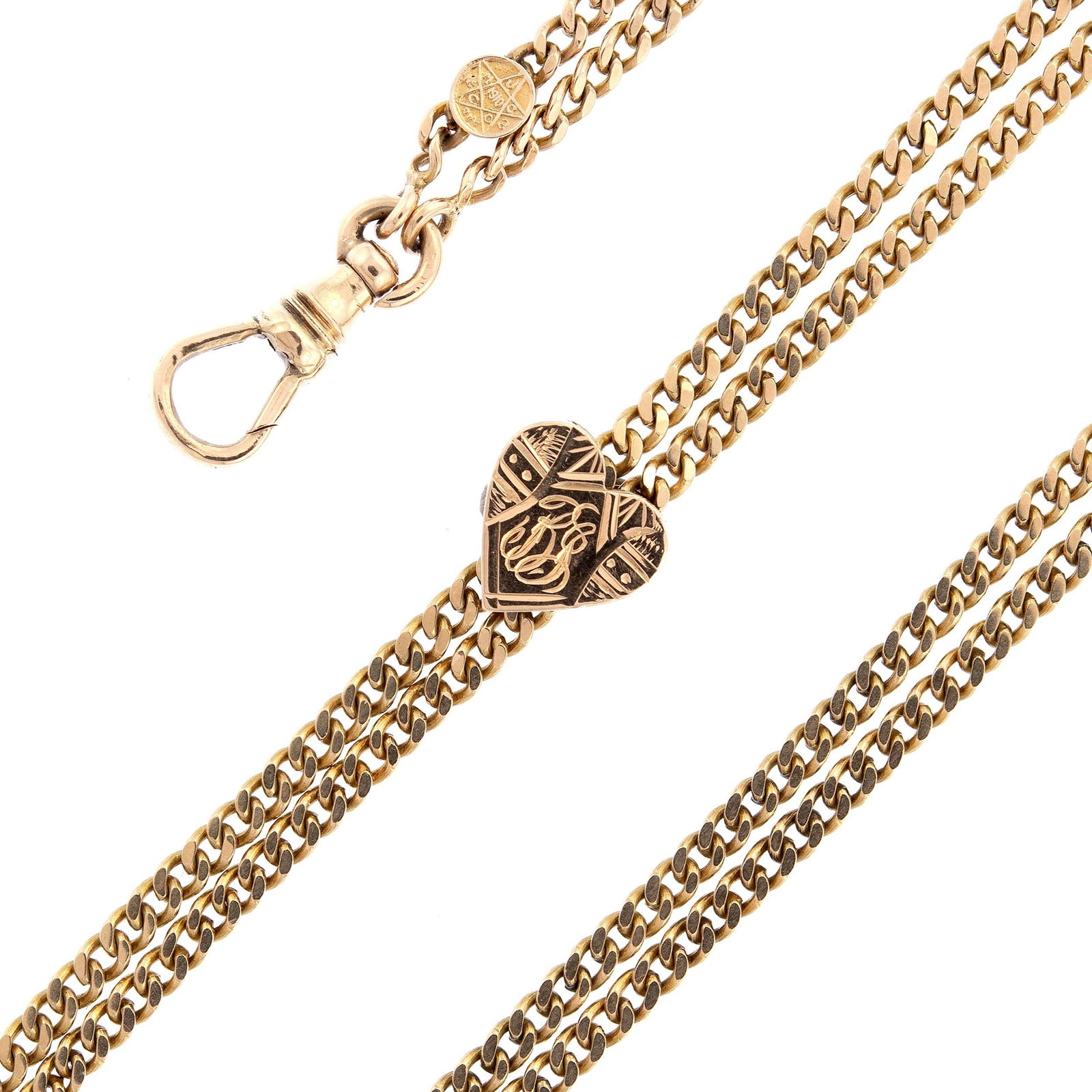 VICTORIAN 14K GOLD SLIDE CHAIN W/ HEART SLIDE.: A Victorian, 14k yellow gold (stamped & tested) curb style slide chain with a dog clip, marked Cowen, 1910 & 1913, including a 14k yellow gold (stamped) hand engraved, heart shaped slide, monogram,
