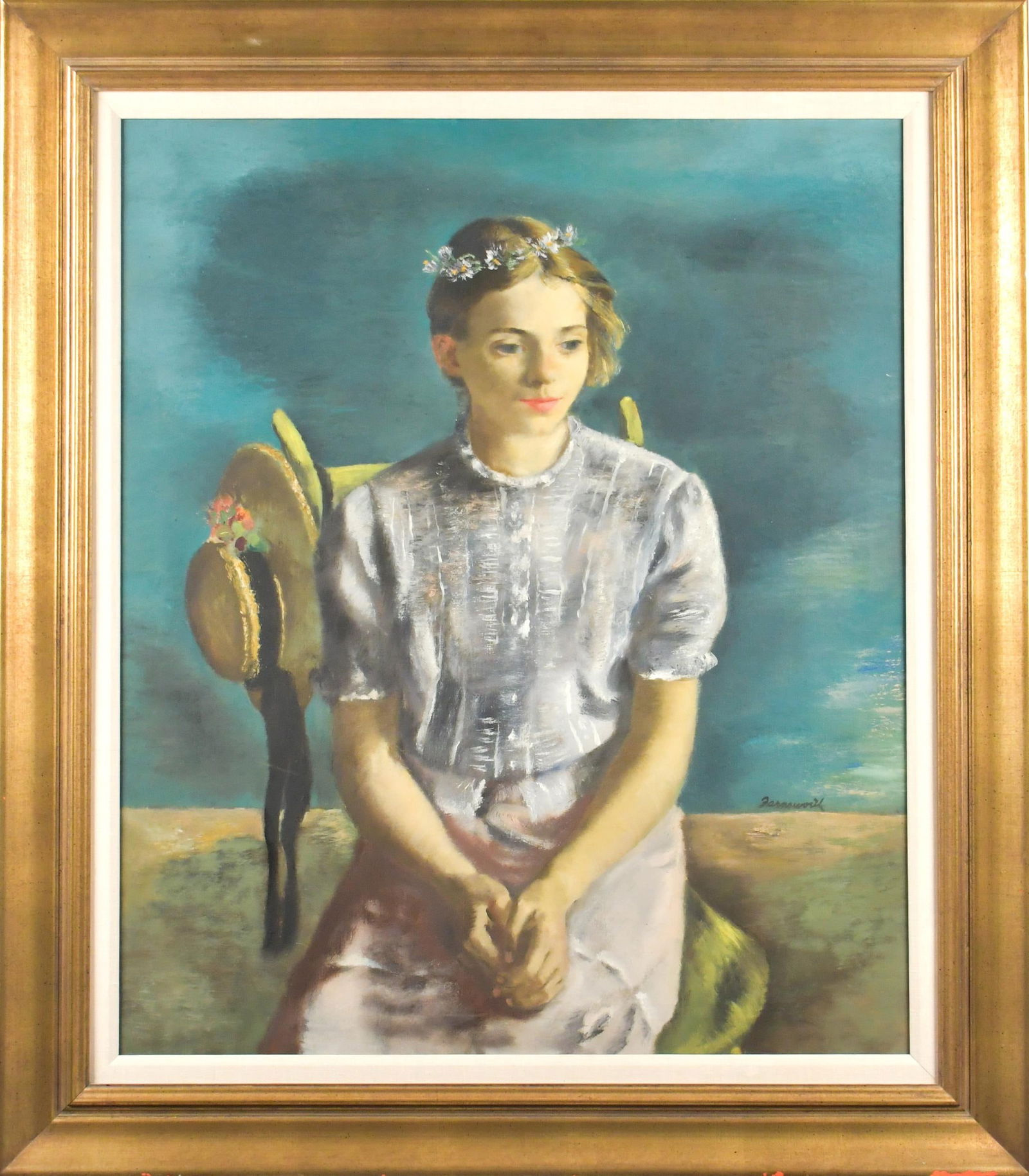 JERRY FARNSWORTH OIL, PORTRAIT OF WOMAN.: A Jerry Farnsworth (1895-1982) oil on canvas, seated woman wearing a blue dress and hat, signed lower right, Farnsworth. Canvas 36” x 30”, Frame 44” x 38”.