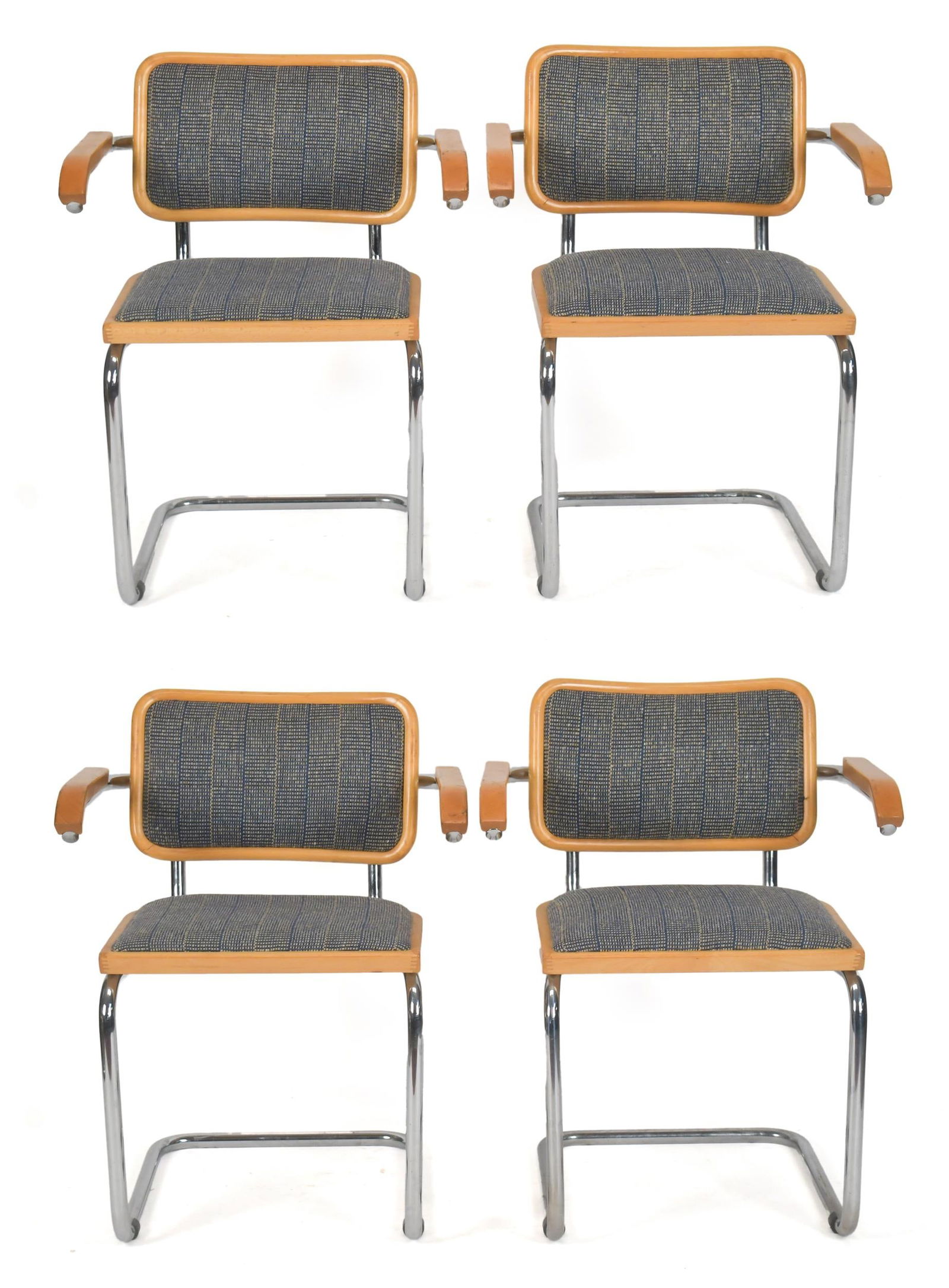 FOUR MARCEL BREUER CANTILEVER ARM CHAIRS.: A set of four vintage Italian made Marcel Breuer Cesca model B32 bent wood and chrome Cantilever, upholstered arm chairs.30”H x 24.5”W x 24”D x 18” seat H.