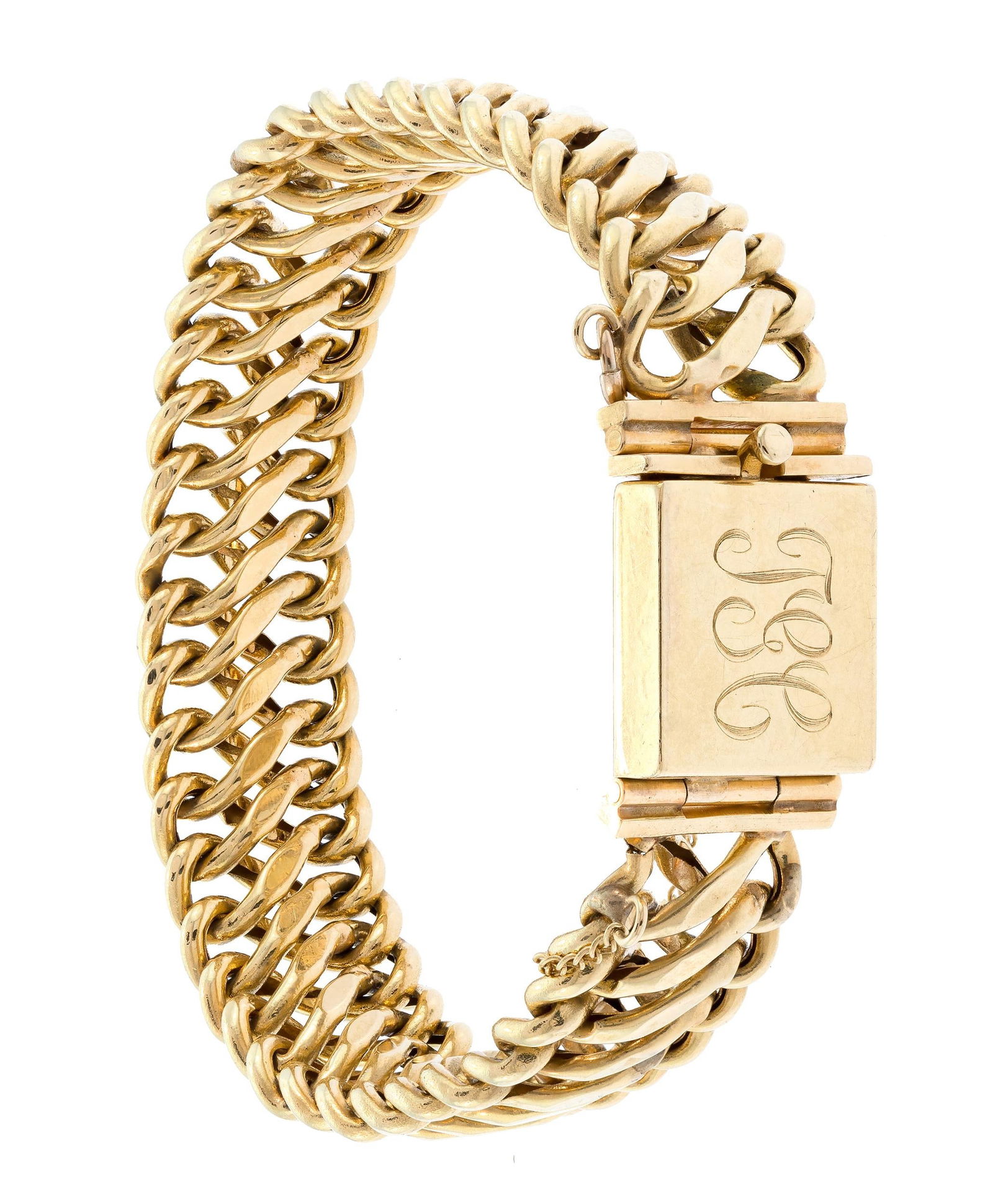 VINTAGE 14K YELLOW GOLD LINK MONOGRAM BRACELET.: A vintage 14k yellow gold (stamped, marked A), link bracelet with a monogrammed box clasp, TGC, 15.5mm clasp, 7 1/4 inches long, 22.1 grams.