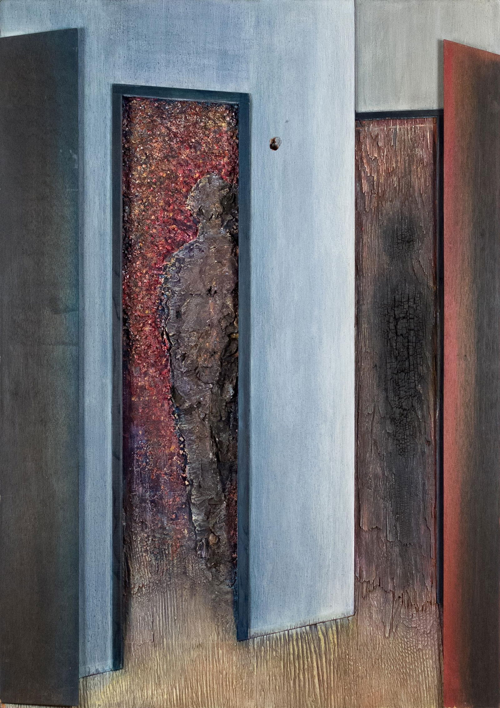 DON GRANT MIXED MEDIA, ROOM TO ROOM.: A 20th C. Don Grant mixed media, in paint, wood, and charred boards, signed and titled on reverse 'Room to Room, 1988'. Includes original receipt. 53” x 36.75”. Provenance: a Center Harbor