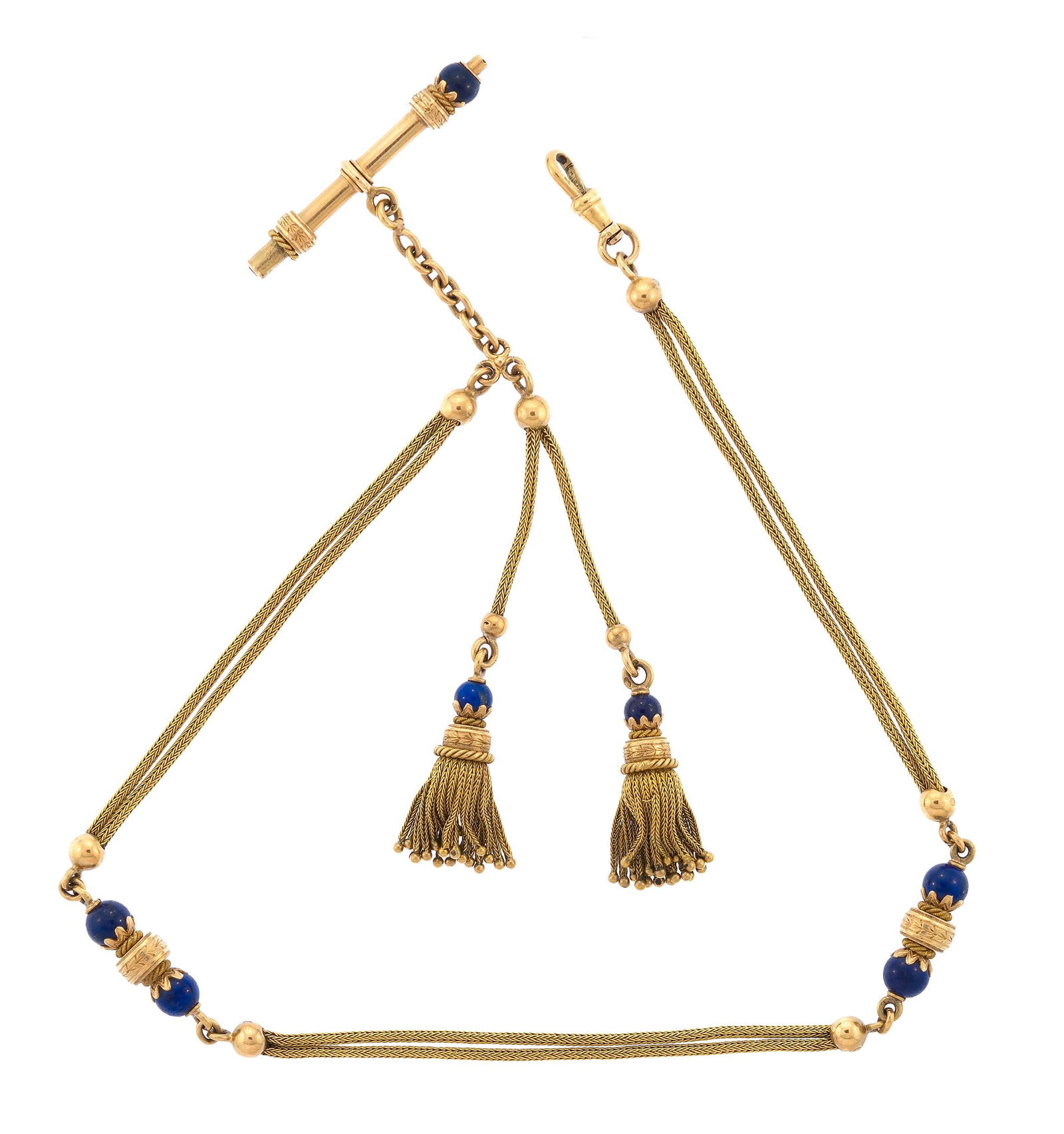 ANTIQUE FRENCH 18K GOLD LAPIS WATCH CHAIN.: An antique French (hallmarks), 18k yellow gold (stamped, eagle's head) watch chain with lapis beads and tassels, 13 3/4 inches long, 29 grams.