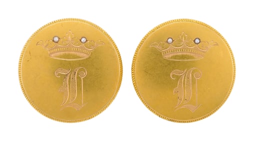 ANTIQUE 14K-18K GOLD 'L' MONOGRAM CUFFLINKS.