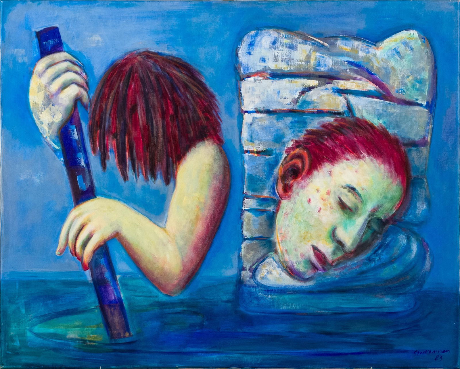 FRIEDMANN STOCKHAUSEN OIL, TWO HEADS, BLUE.: Friedmann Stockhausen (b. 1945) oil on canvas, two heads on blue ground, signed lower right, Stockhausen 83. Unframed 31.5” x 39”. Provenance: a Center Harbor, NH, Collection.