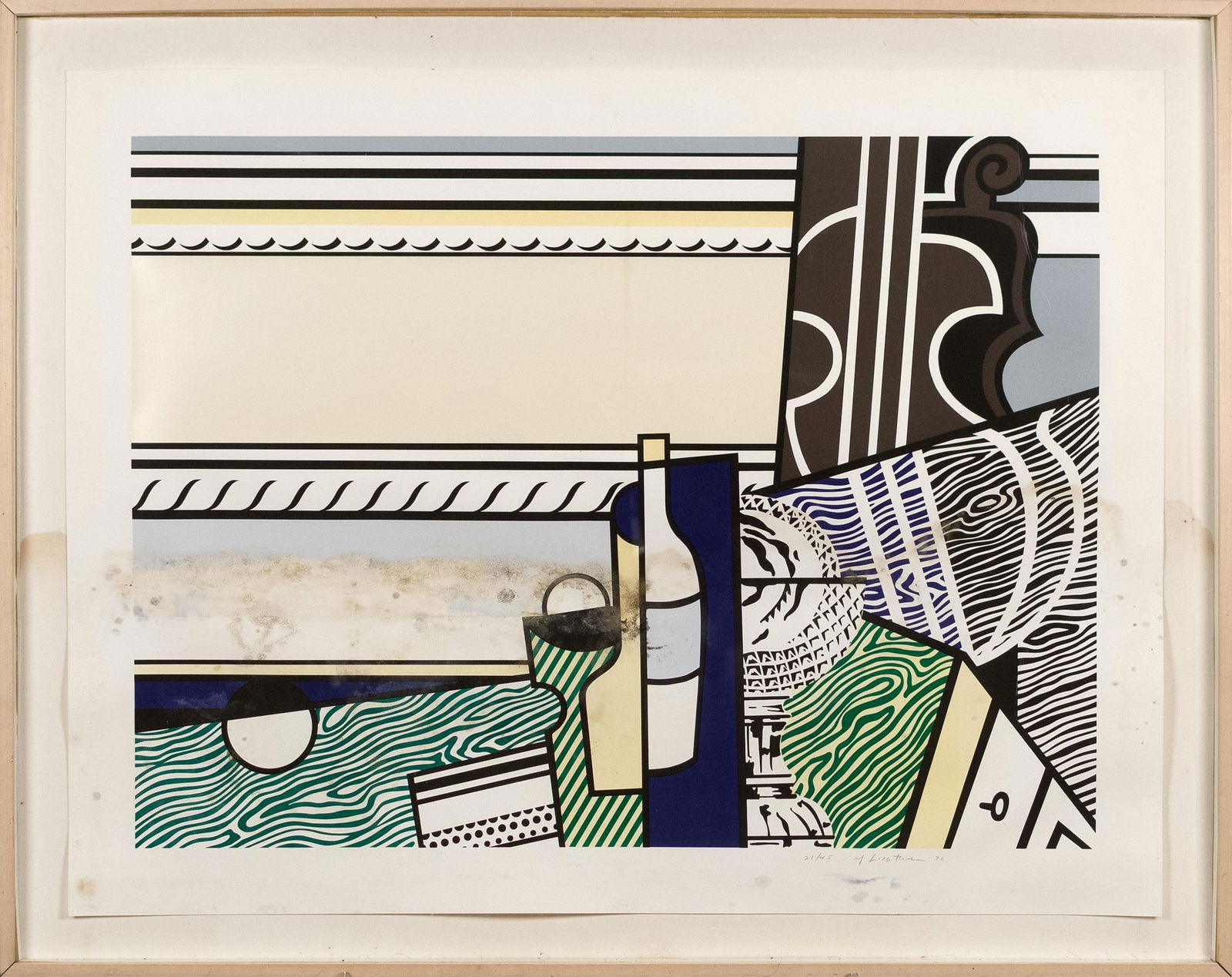 ROY LICHTENSTEIN SCREENPRINT, STILL LIFE, DAMAGED.: A Roy Lichtenstein (1923-1997) lithograph and screenprint, 'Still Life with Crystal Bowl (C. 150) 1976, on Rives BFK', signed and dated in pencil, numbered 21/45, with full margins. Paper size 27.5&rd
