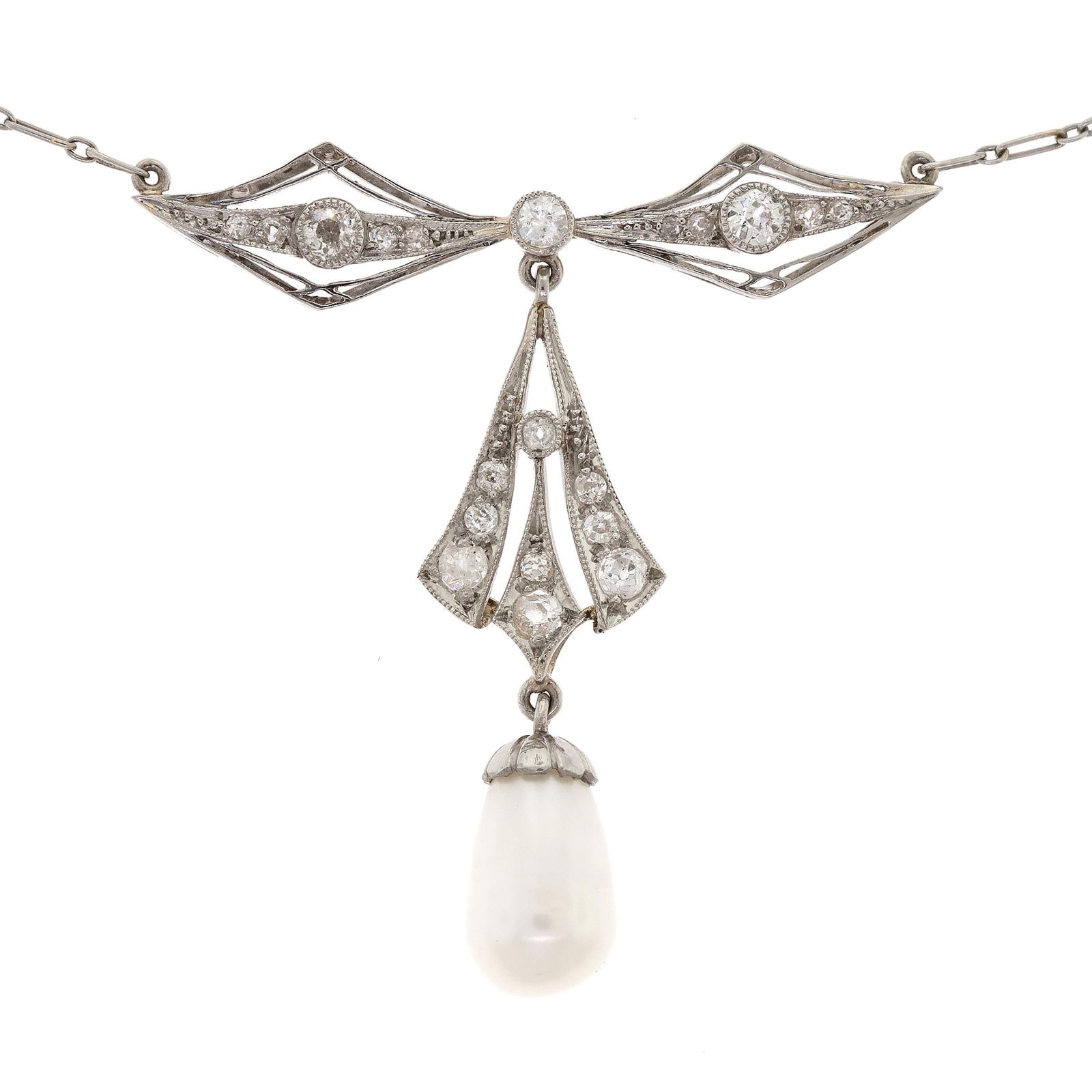 EDWARDIAN PLATINUM DIAMOND AND PEARL LAVALIER.: An Edwardian, platinum lavalier necklace set with approx. .45 ct. tw. Old European and single cut, natural diamonds of G-H color and VS-SI clarity and white drop shaped pearl with very good luster,