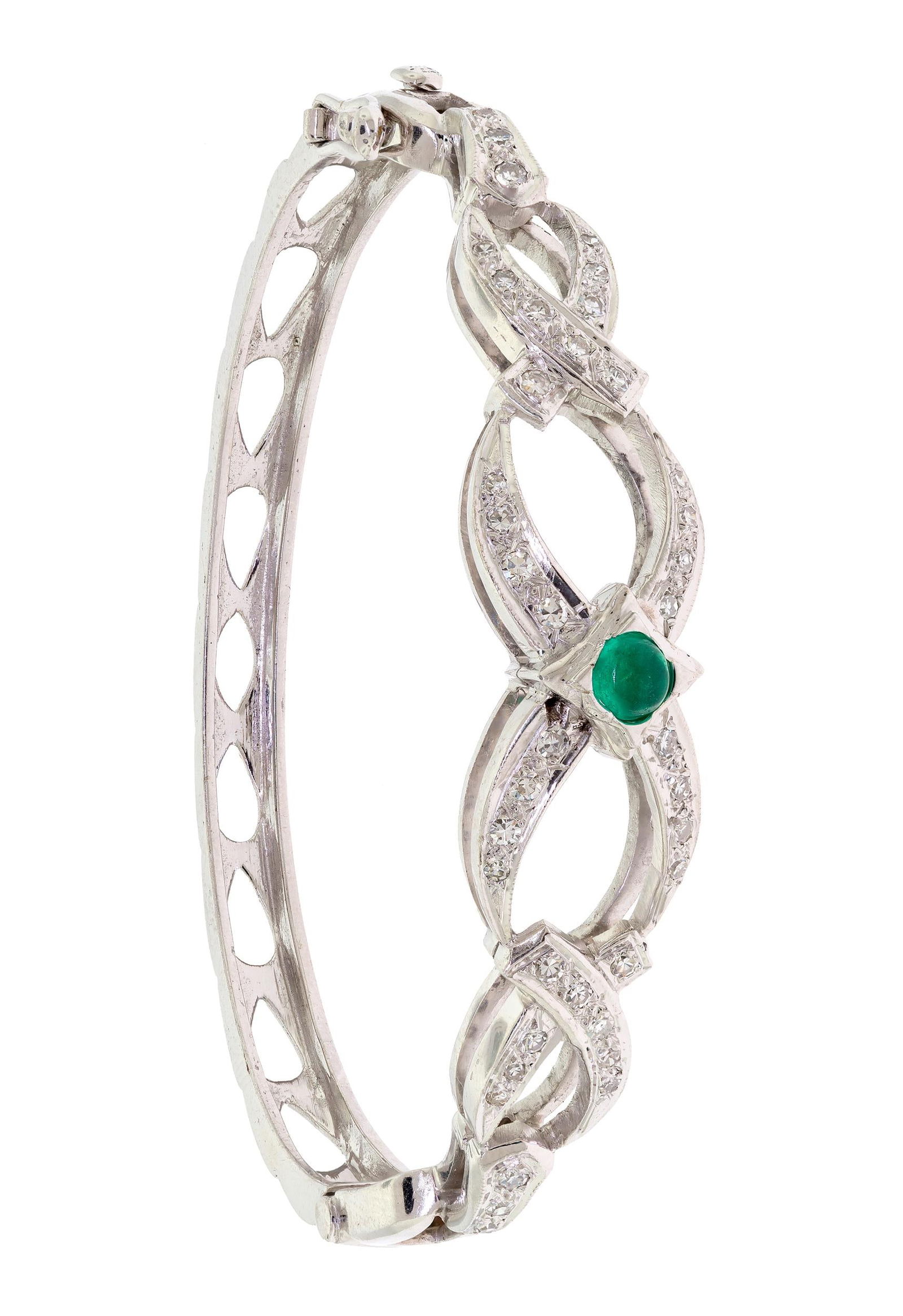 14K GOLD EMERALD CABOCHON & DIAMOND BANGLE.: A 14k white gold (stamped) bangle bracelet set with an approx. .20 ct., round cabochon, medium green emerald and approx. .50 ct. tw. single cut round, natural diamonds of G-H color and VS clarity,