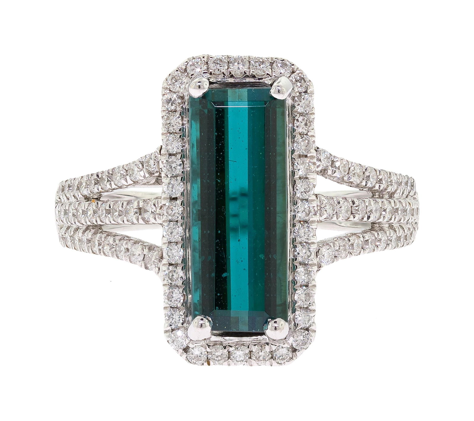 14K GOLD BLUE TOURMALINE & DIAMOND RING.: A 14k white gold (stamped) ring set with a emerald cut, dark, greenish blue tourmaline with a stated weight of 2.90 ct. (marked inside shank) and approx. .50 ct. tw. round brilliant cut, natural