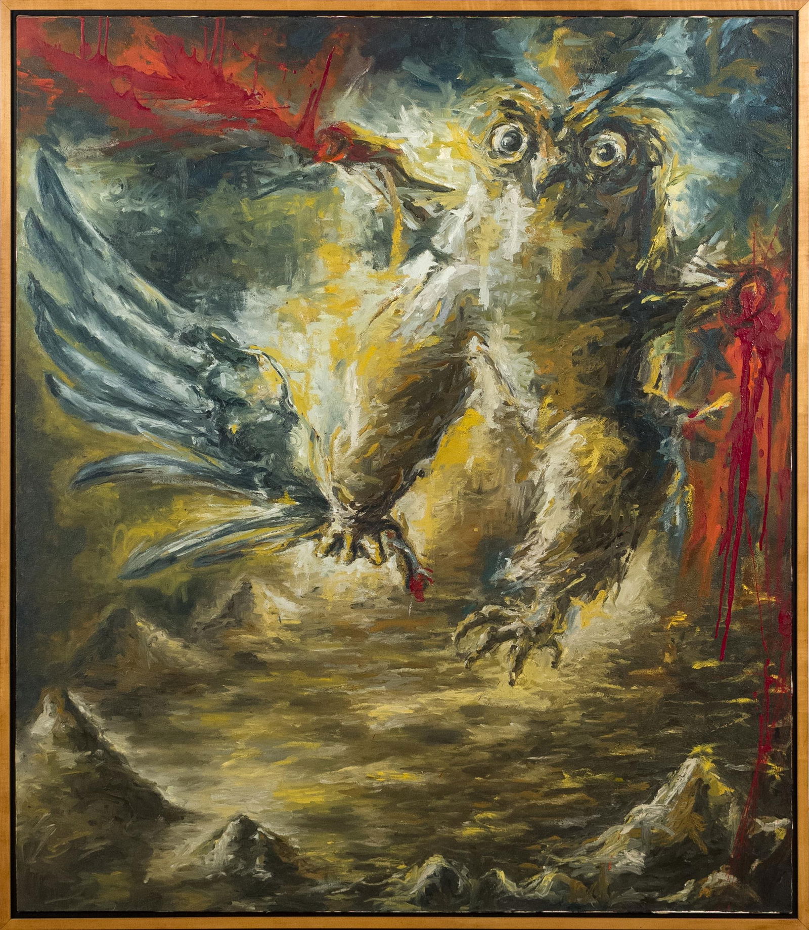 CHEMA COBO OIL ON CANVAS, OWL.: A Chema Cobo (1952-2023) large oil on canvas, a flying owl, label on reverse from Zolla/Leiberman Gallery Chicago, titled Untiled, 1986. Includes original receipt. Frame 59.25” x 51.25”.