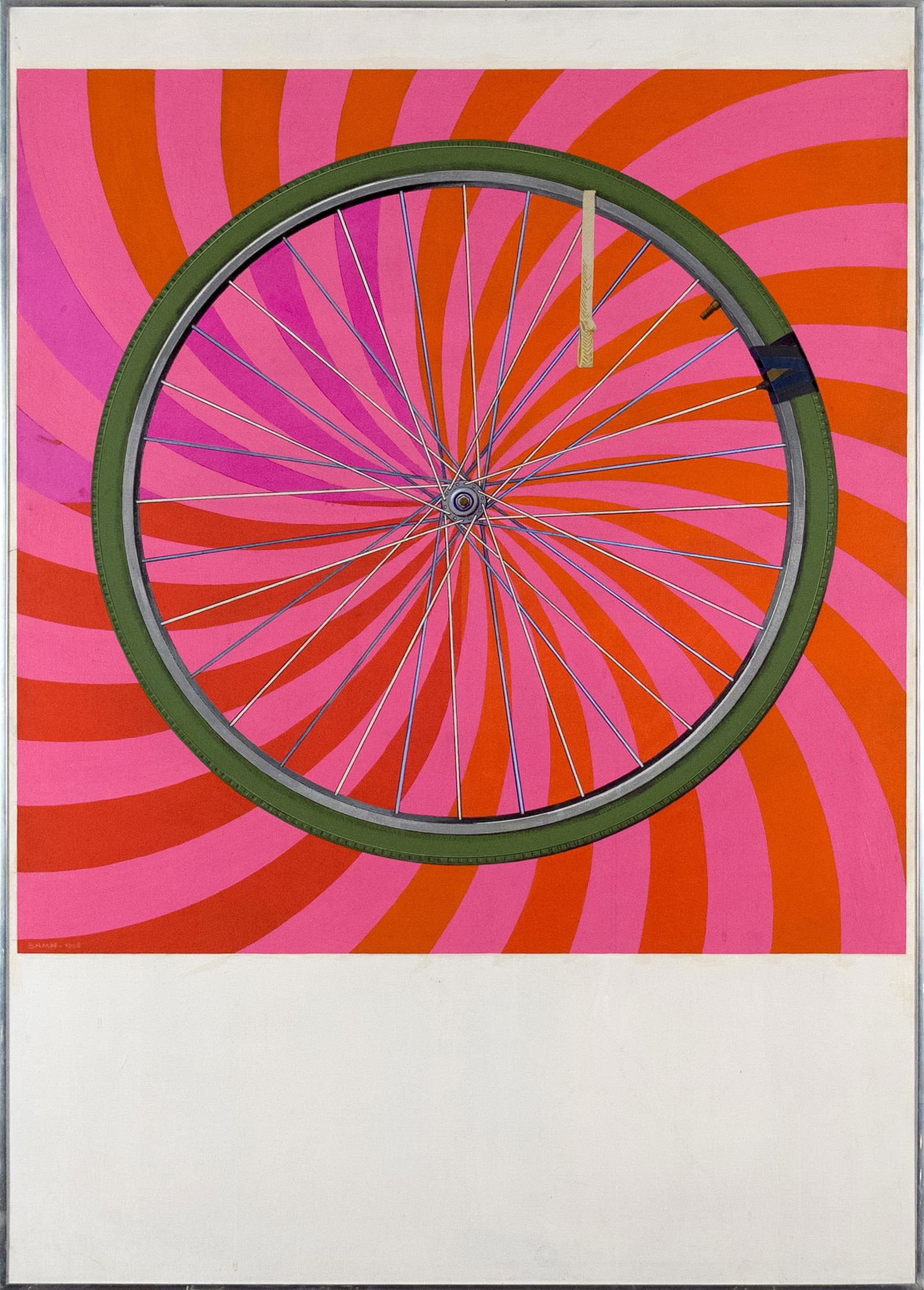 BRIAN STONEHOUSE OIL, BIKE WHEEL.: A Brian Stonehouse (1918-1998) oil on canvas, bike wheel on pink ground, signed lower left, Brian 1960, and signed on stretcher, Brian Stonehouse. Frame 52” x 36.5”. Auctioneer's notes: