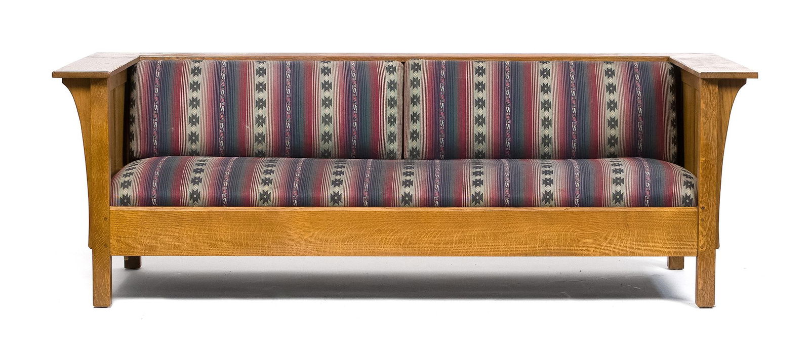 20TH C. STICKLEY PRAIRIE SETTLE.: A 20th C. Stickley (Manlius NY) labeled prairie settle/sofa with loose upholstered seat in a South Western design fabric. 29.25”H x 84.5”W x 37.5”D x 16” seat H.