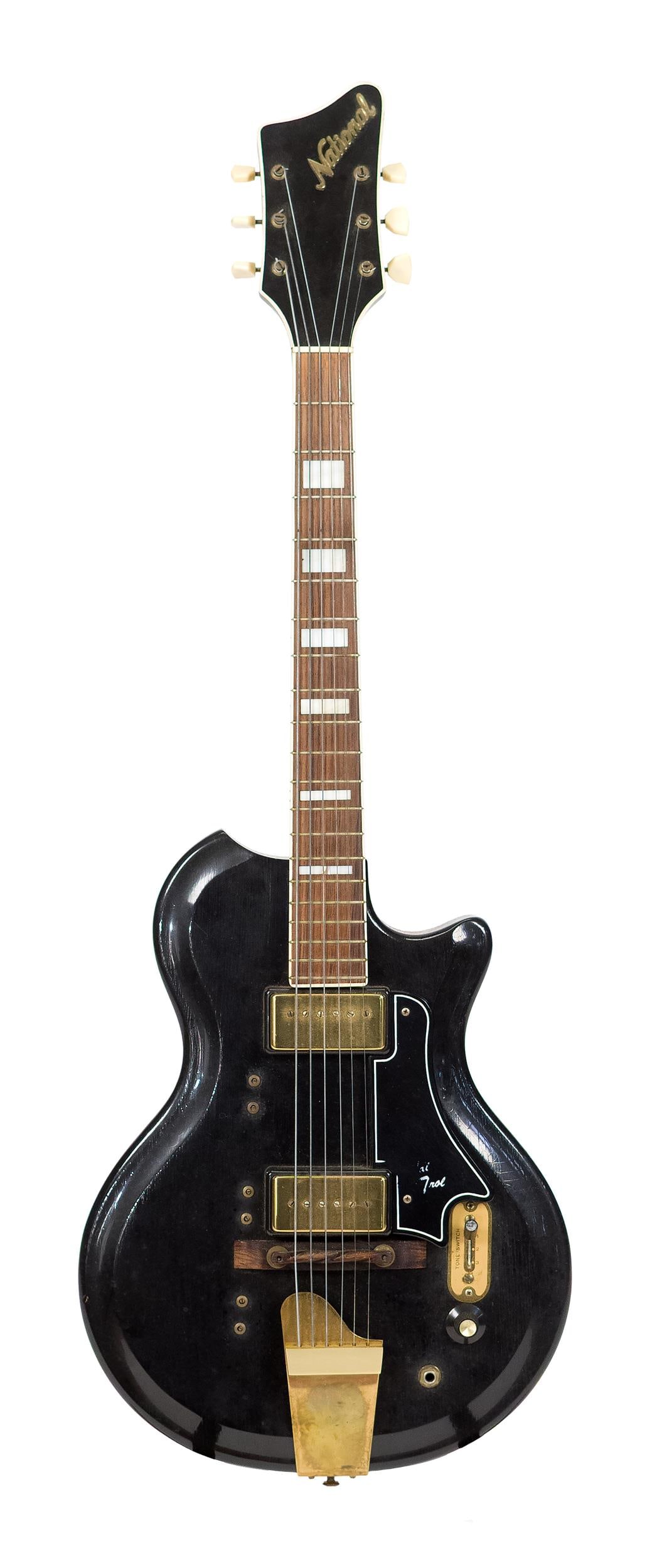 1960 NATIONAL VAL TROL BARON 1106 ELECTRIC GUITAR.: Incredibly rare National guitar made by Valco, with two large single coil pickups and an under the bridge piezo pickup, three way pickup selector, master volume pot, six smaller screw pots (two per