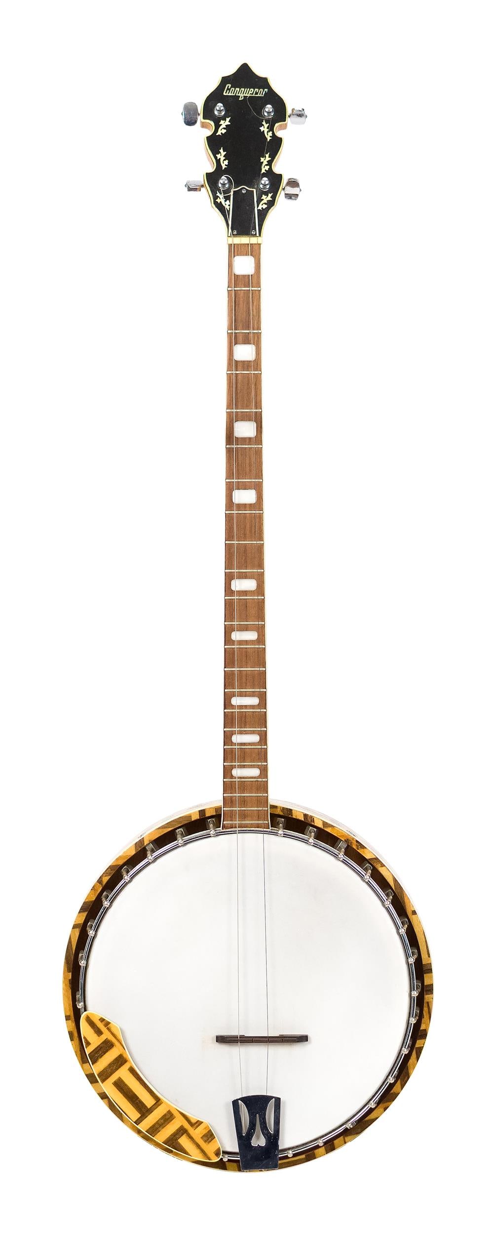 VINTAGE KAWAI CONQUEROR TENOR BANJO WITH CASE.: A ca. 1960 Japanese made Kawai Conqueror tenor banjo with a unique parquet arm rest and resonator. 38.5”L x 13”W x 27” scale length, Case 40.5”L x 15”W.