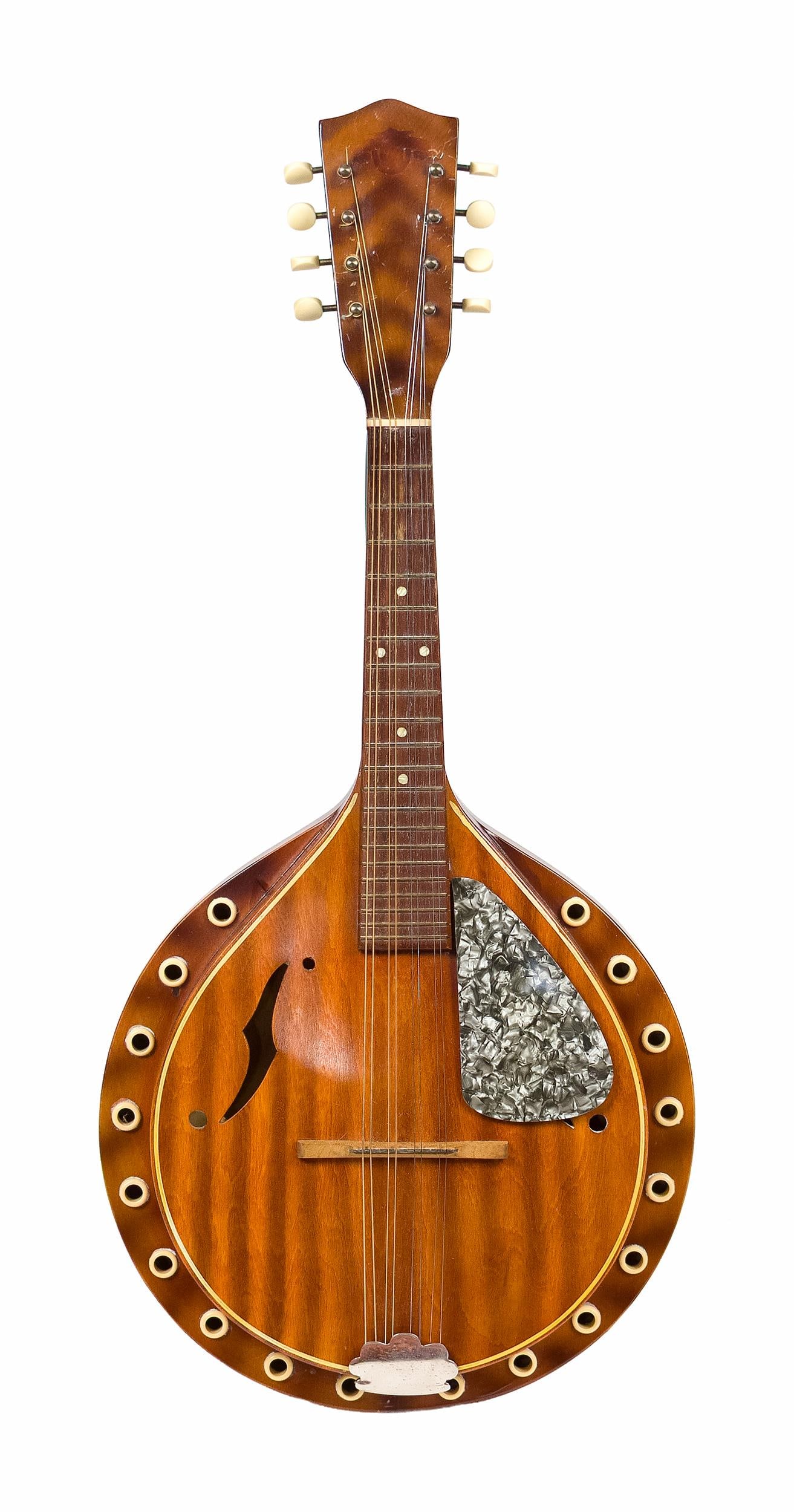 VINTAGE REGAL BLUE COMET MANDOLIN WITH RESONATOR.: A ca. 1930 Regal Blue Comet mandolin with built-in wooden resonator and original tweed case. Made in Chicago, Illinois. 25”L x 12”W x 14” scale length, Case 27.5”L x
