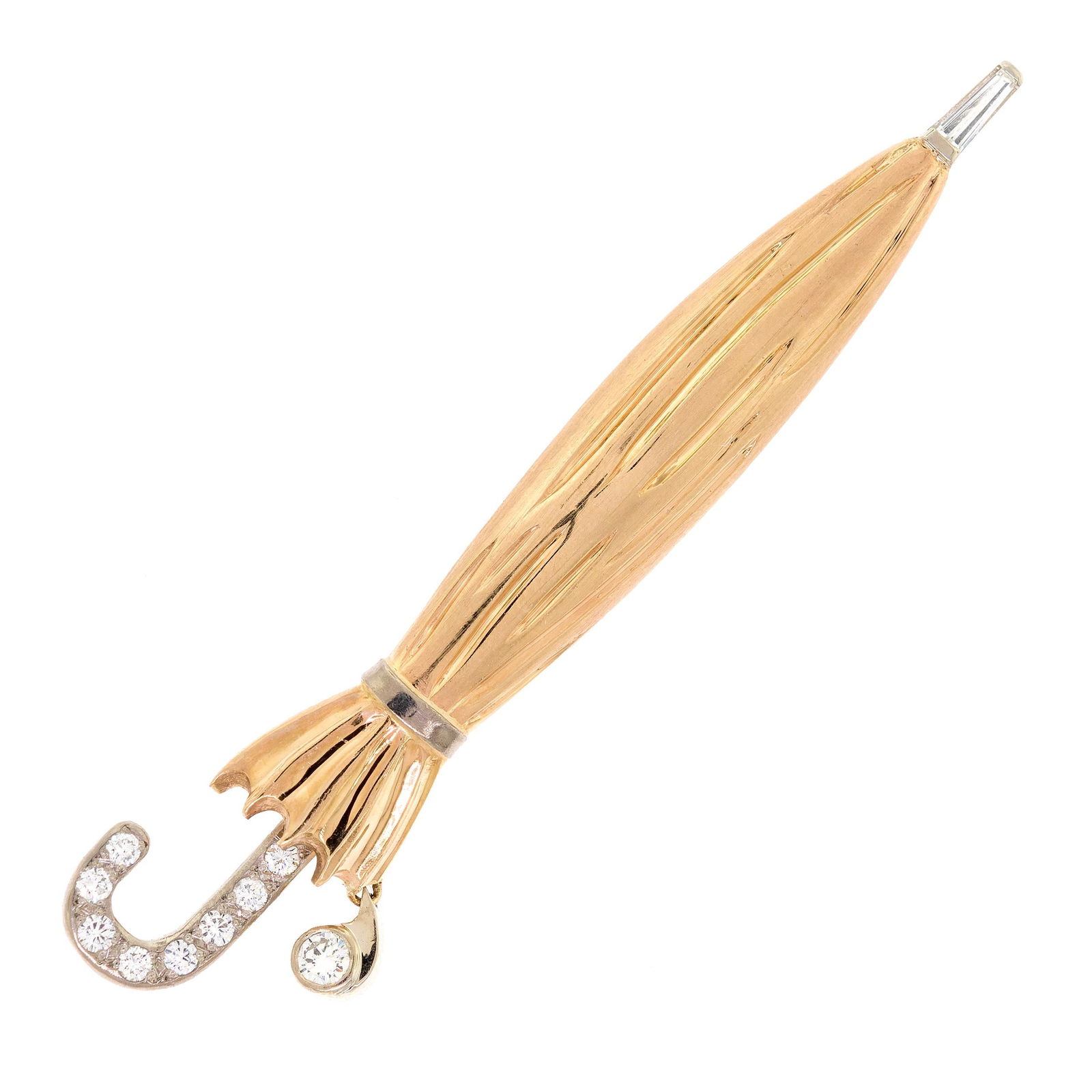 14K GOLD DIAMOND UMBRELLA & RAINDROP PIN.: A 14k yellow and white gold (stamped) umbrella pin with articulated raindrop set with approx. .40 ct. tw. round brilliant and baguette cut, natural diamonds of G-H color and VS clarity, 2 3/4 inches
