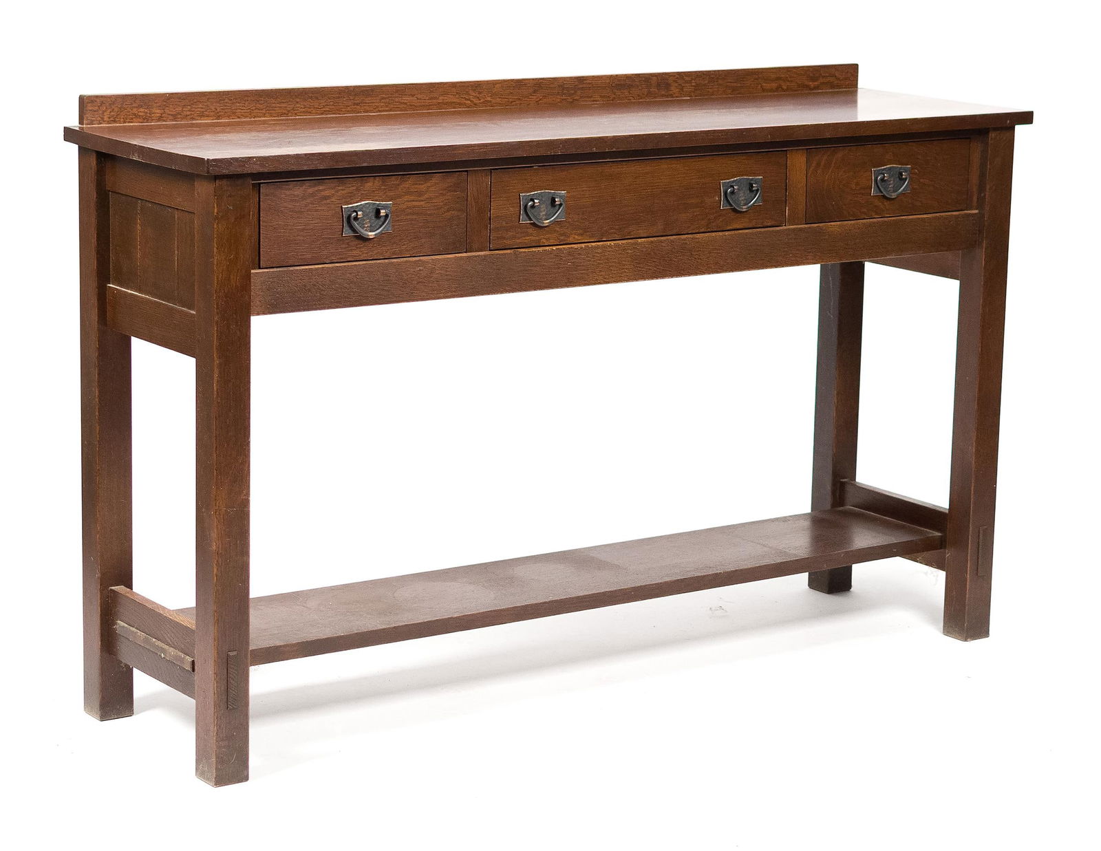 20TH C. STICKLEY MISSION OAK SERVER.: A 20th C. Stickley (Manlius, New York) branded and labeled three drawer Mission oak/Arts & Crafts oak server with a lower gallery and through-tenon construction.37.5”H x 60”W x 17”D.