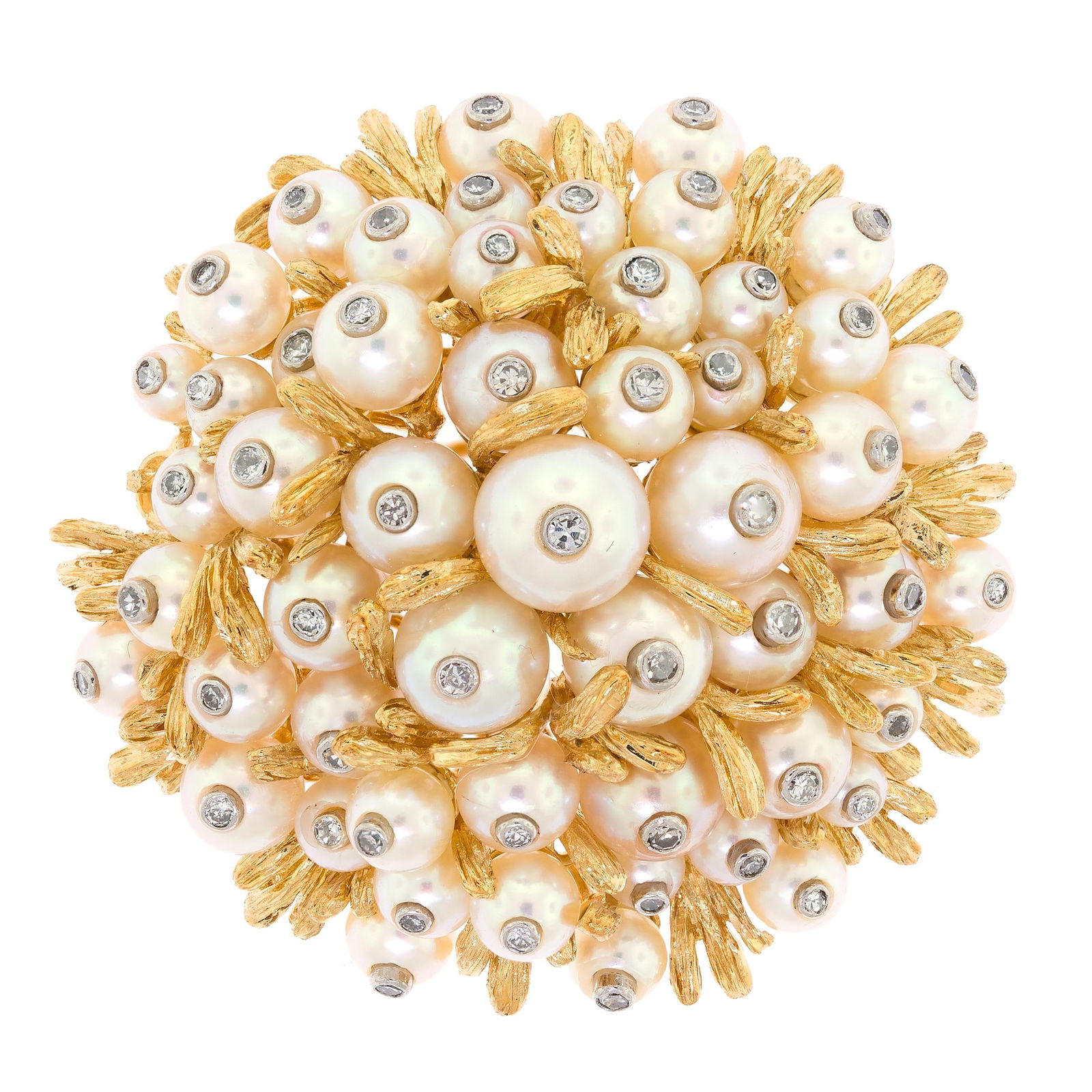 SIGNED VINTAGE DAVID WEBB 18K GOLD DIAM. & PEARL PIN.: A vintage David Webb signed, 18k yellow gold (stamped) set with round white cultured pearls with very good luster and some pink orient, 3-7mm, and approx. .60 ct. tw. single cut round, natural