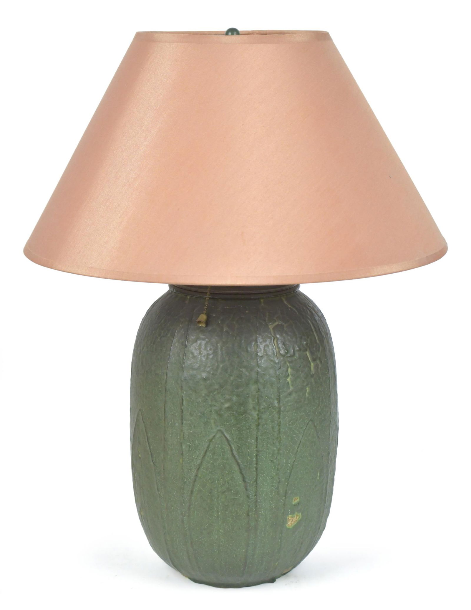 GRUEBY POTTERY GREEN GLAZED LAMP.: An early 20th C. Grueby Pottery green glazed lamp, unsigned, with lightly incised details. 11.5”H, overall 20”H. Provenance: passed down through a family friend of Grueby.