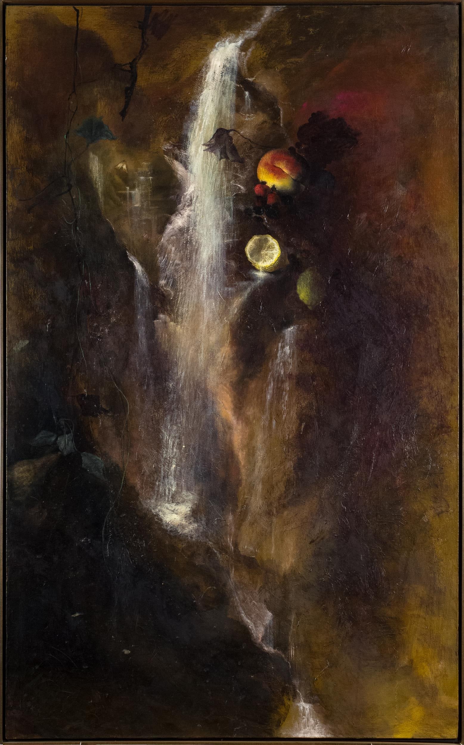 ROSALYN SCHWARTZ OIL, WATERFALL V.: A Rosalyn Schwartz (b. 1952) oil on canvas, gallery label on reverse with title Waterfall V, 1991. Includes original receipt. Frame 61” x 37”. Provenance: a Center Harbor, NH, Collection.