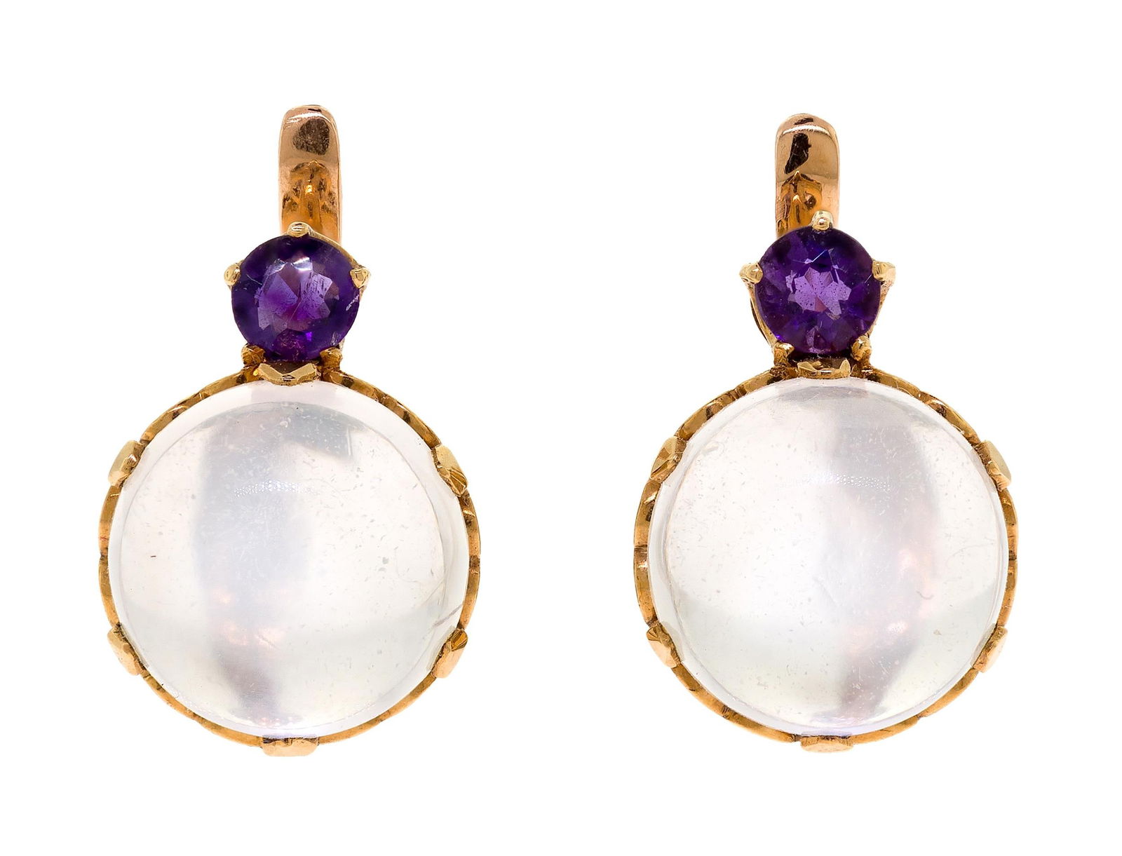 ANTIQUE FRENCH 18K MOONSTONE & AMETHYST EARRINGS.: A pair of French antique 18k yellow gold (stamped, eagle's head), lever-back earrings, set with approx. 10 ct. tw., round cabochon cut, moonstone with faint blue adularescence, 10mm, and approx. .20