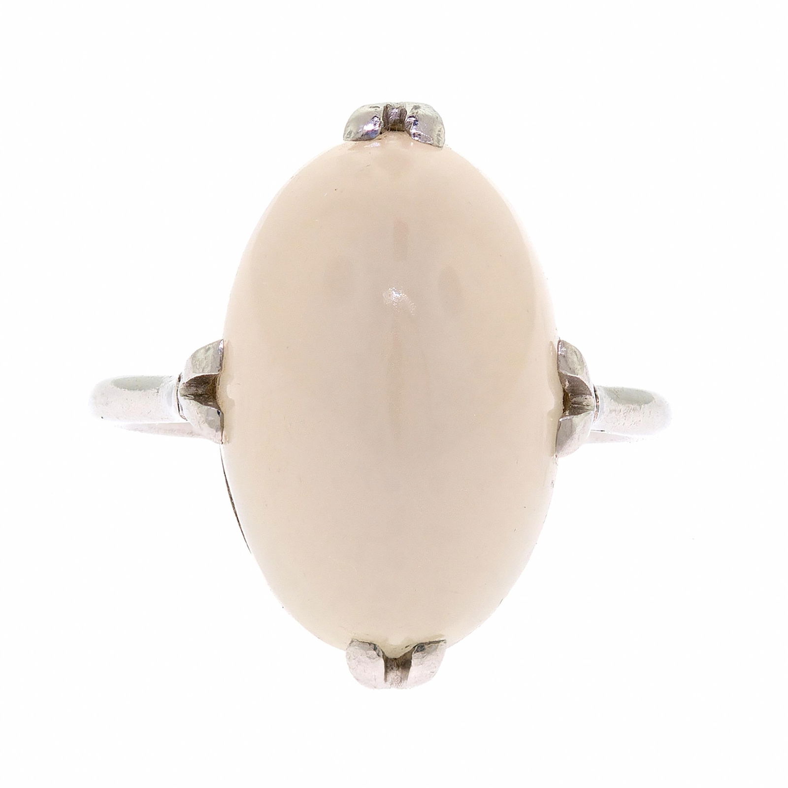 ANTIQUE FRENCH PLATINUM MOONSTONE RING.: An antique French platinum ring, set with an approx. 10 ct., oval cabochon cut moonstone, 16x10mm, including a leather ring box marked Paris. Ring size 5 1/4 - 5 1/2, 5.0 grams.