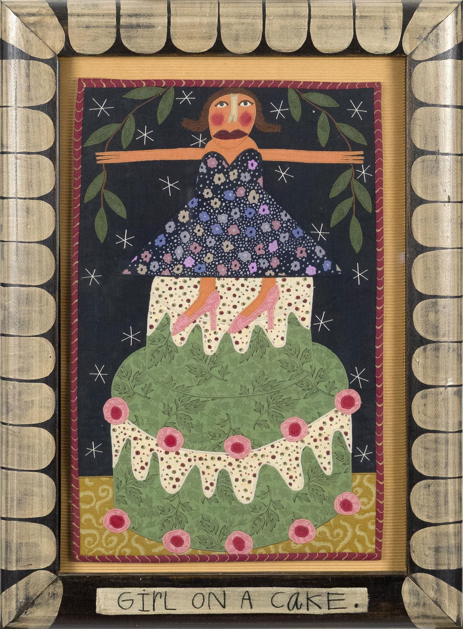 CHRIS ROBERTS-ANTIEAU EMBROIDERED FABRIC ARTWORK.: A 2000 Chris Roberts-Antieau embroidered fabric applique artwork depicting a young girl atop a two-tiered cake, float mounted in a hand crafted and painted frame with title 'Girl on a Cake' painted