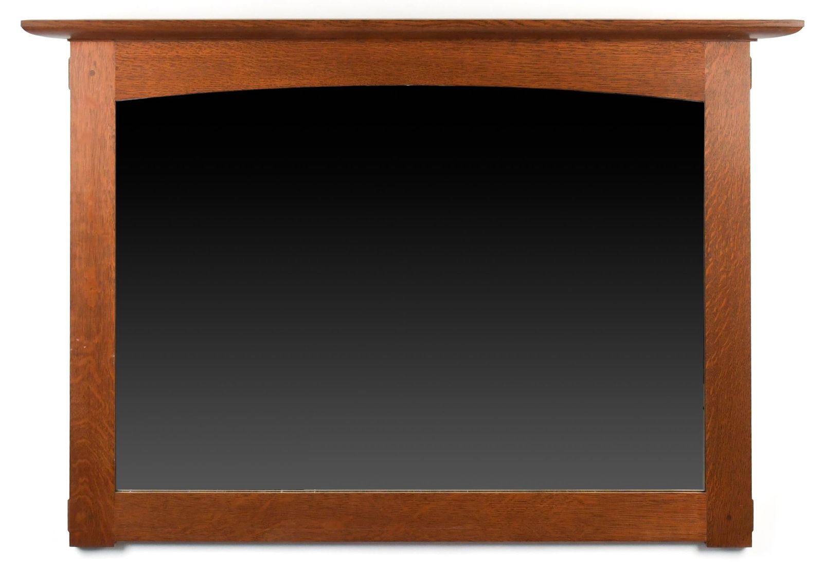 20TH C. STICKLEY ARTS & CRAFTS OAK WALL MIRROR.: A 20th C. Stickley (Manlius, NY) Mission oak wall mirror. Hung over double dresser in previous lot.34.5”H x 50”W.