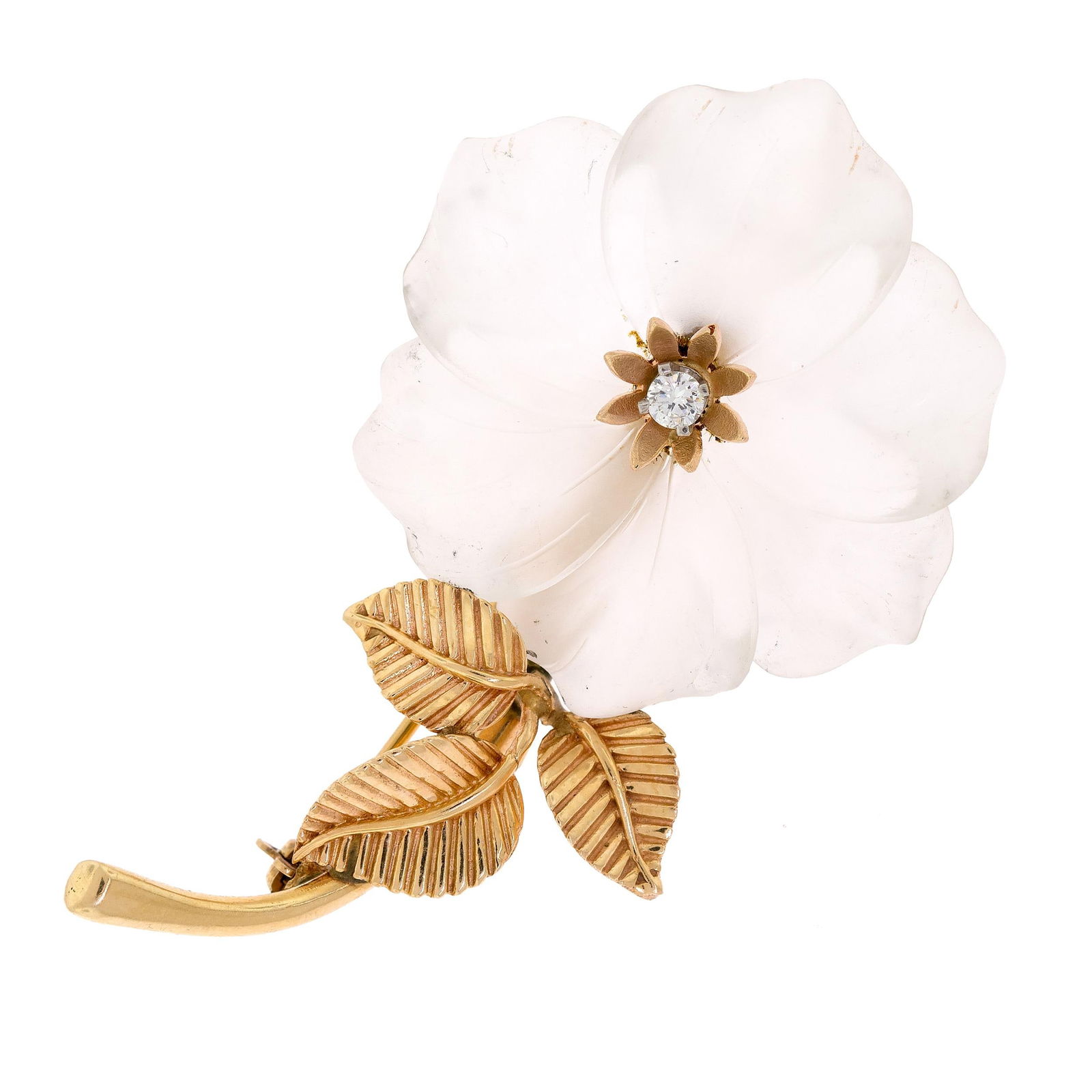 14K GOLD ROCK CRYSTAL FLOWER & DIAMOND PIN. (1 of 6)