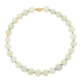 CARVED CHINESE WHITE JADE SHOU BEAD NECKLACE.