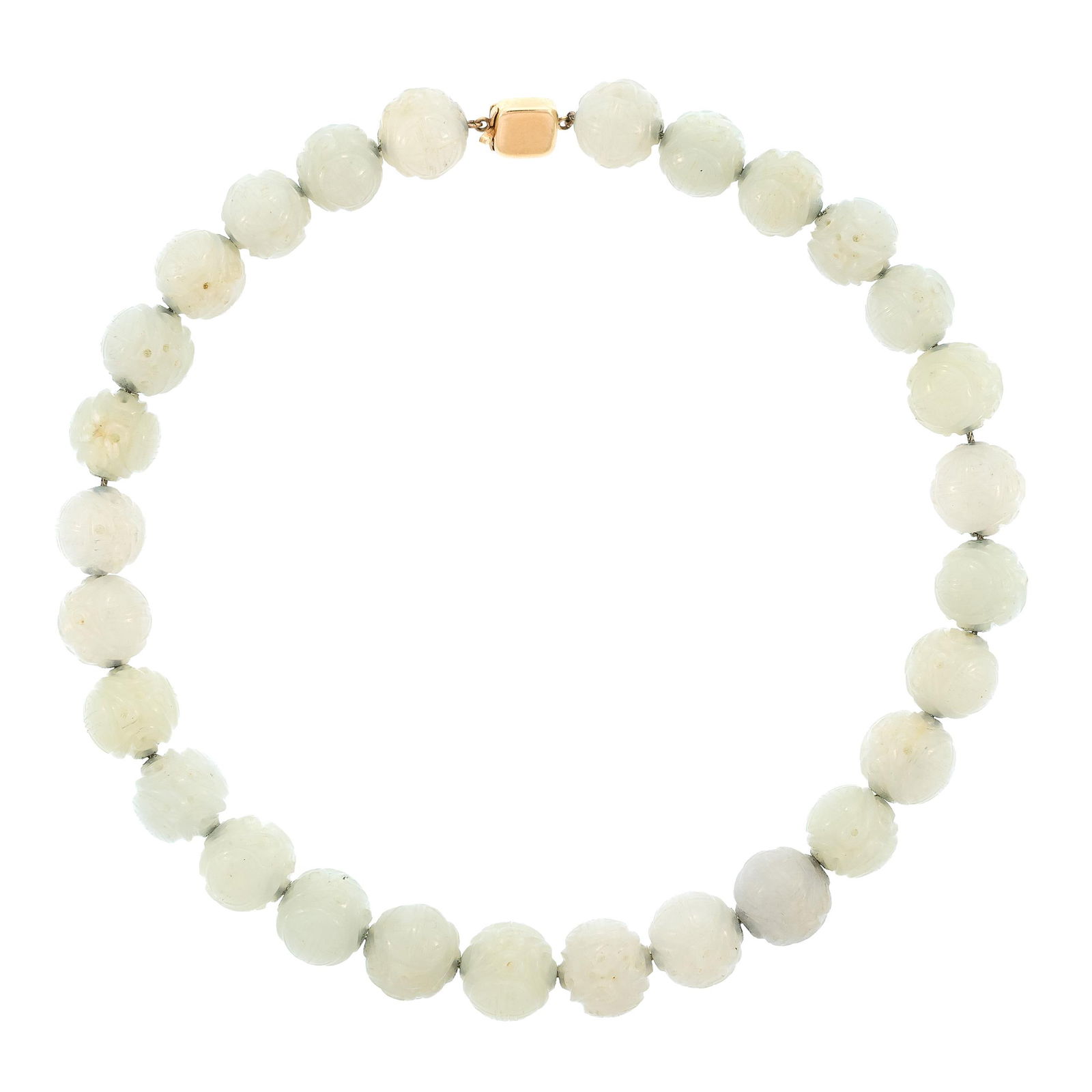 CARVED CHINESE WHITE JADE SHOU BEAD NECKLACE.: A Chinese carved, mutton fat, white jade, Shou bead necklace with 14k yellow gold (stamped) clasp, 14mm beads, 15 3/4 inches long, strung on silver (unable to test) foxtail chain, soldered ends.