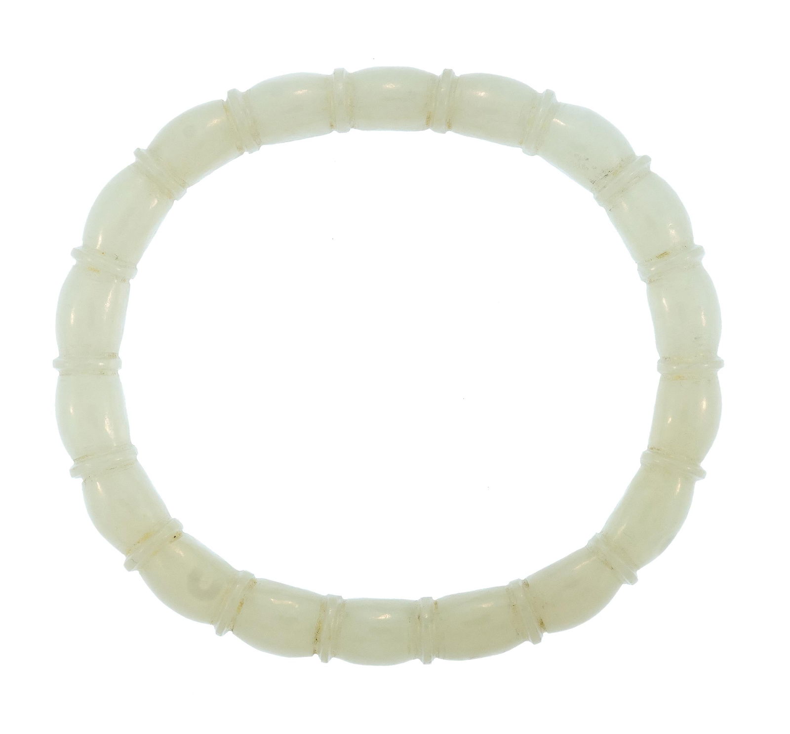 CARVED CHINESE MUTTON FAT WHITE JADE BANGLE.: A Chinese carved, mutton fat, white jade bangle bracelet, bamboo shape carving, 9 mm thick, 7 1/8 inch wrist.