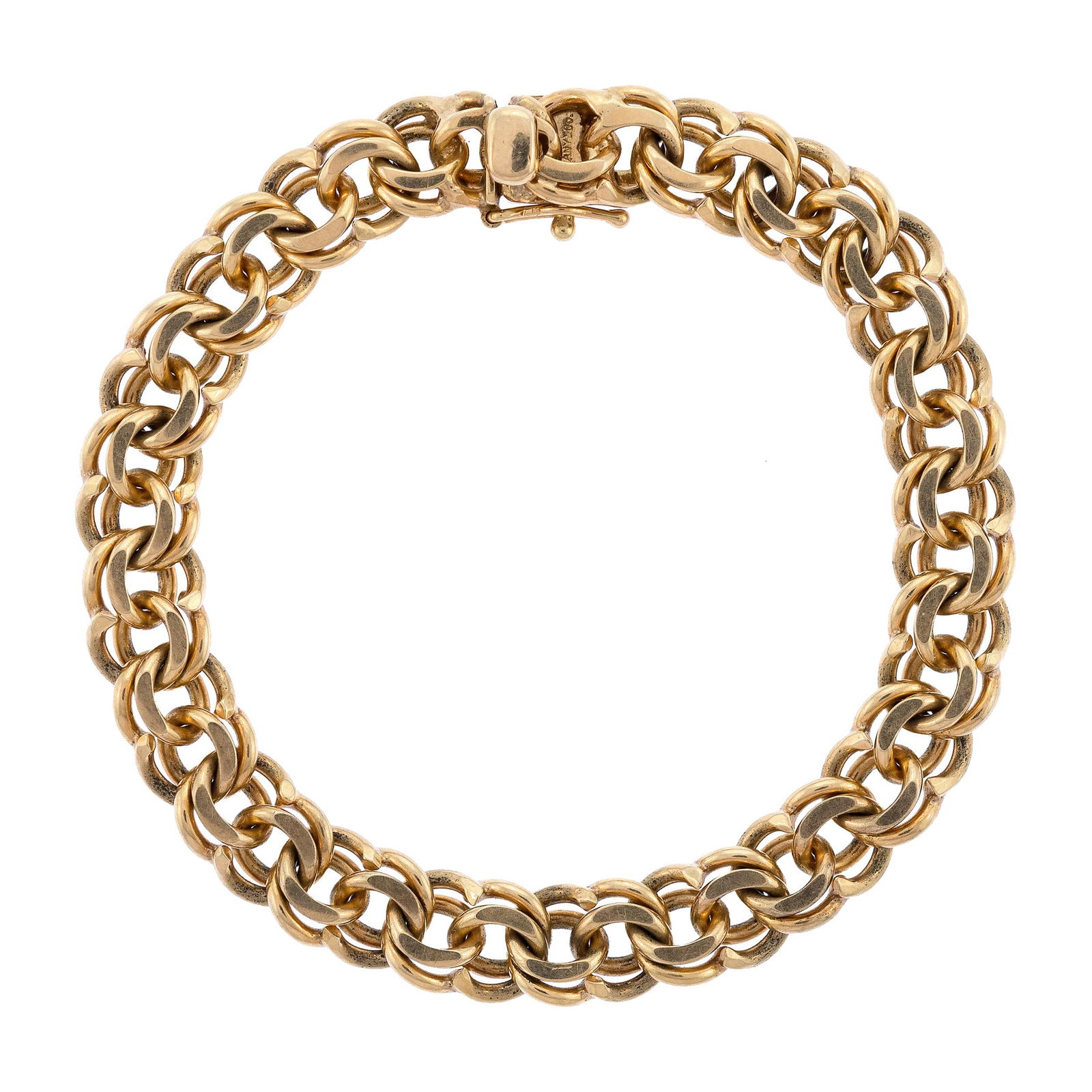 14K GOLD SIGNED TIFFANY & CO. CHINO BRACELET.: A vintage, signed Tiffany & Co. & Succo, 14k yellow gold (stamped) chino bracelet, 9mm wide, 7 1/4 inches long, 30.5 grams.