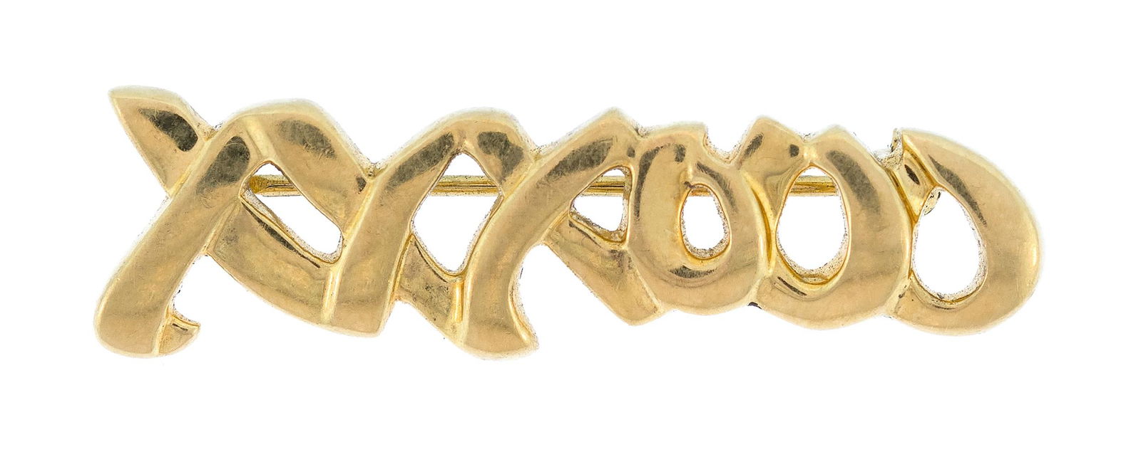 TIFFANY & CO. PALOMA PICASSO 18K GOLD 'XO' PIN.: A vintage, signed, Tiffany & Co., Paloma Picasso, 18k yellow gold (stamped), signature, 'XO' pin, approx. 1 3/8 inches long, 6.2 grams.
