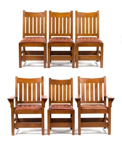 SIX 20TH C. STICKLEY MISSION OAK DINING CHAIRS.