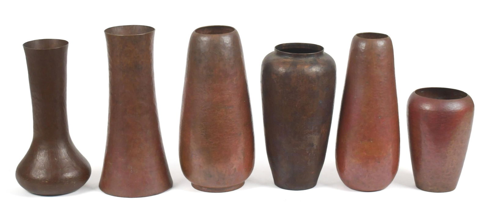 SIX RAMON RAMIREZ COPPER VASES.: A collection of six Ramon Ramirez copper vases, varying in shapes and sizes, all retaining maker's mark. Ranging from 6-10”H.