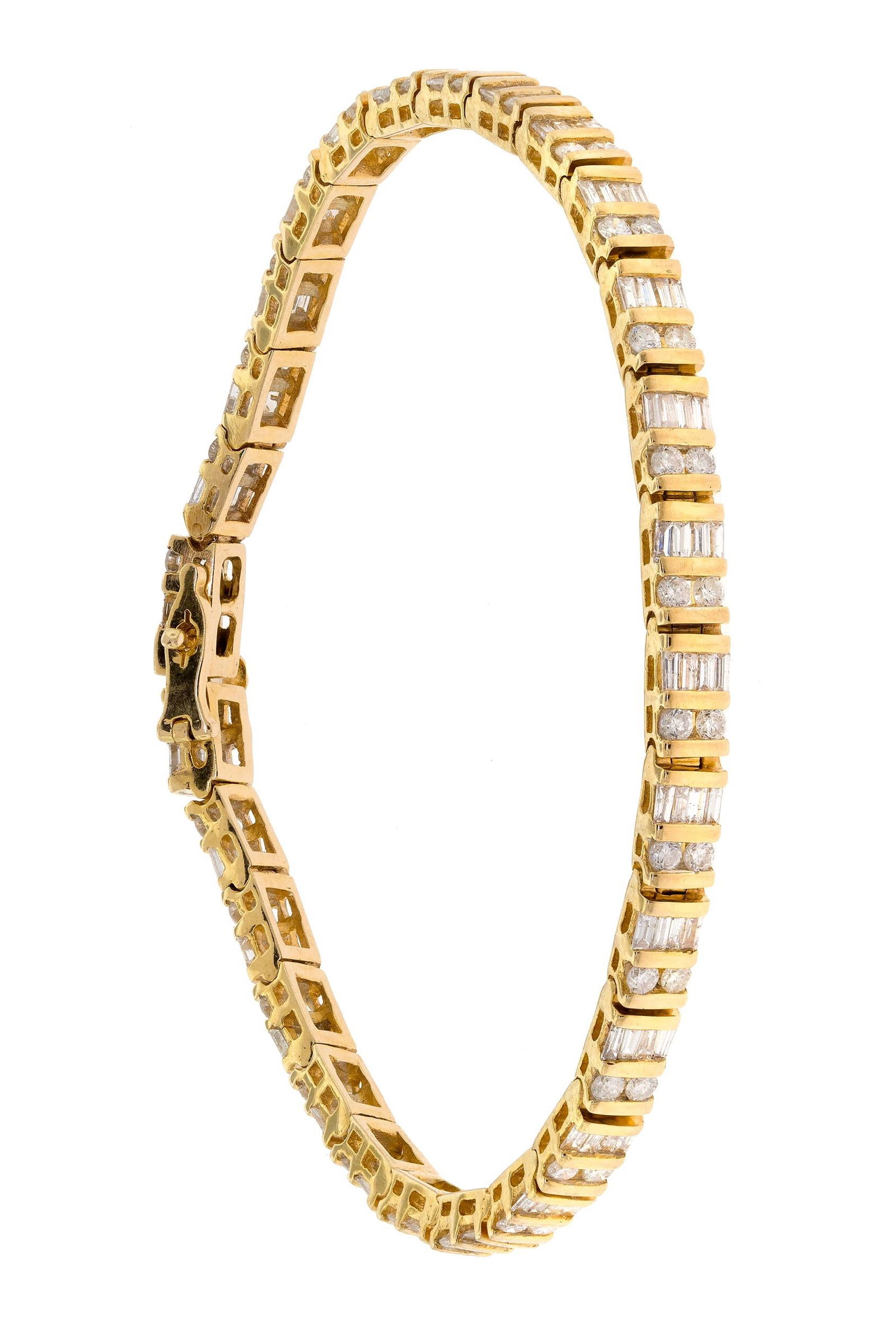 14K GOLD 3.0 CT. TW. DIAMOND BRACELET.: A 14k yellow gold (stamped) bracelet set with approx. 3.0 ct. tw., round brilliant and baguette cut, natural diamonds of G-H color and SI-I clarity, 7 1/8 inches long, 14.7 grams. Tested as natural mi