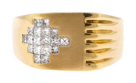 SIGNED 14K GOLD INVISIBLE SET DIAMOND RING.