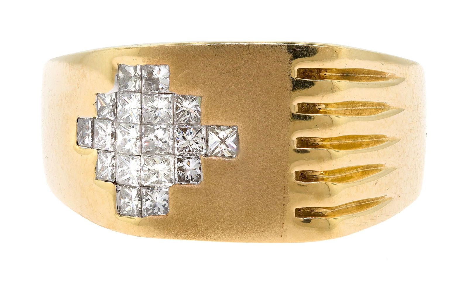 SIGNED 14K GOLD INVISIBLE SET DIAMOND RING.: A 14k yellow gold (stamped) ring, signed SBT, Behzad Sarhady, invisible set with approx. 1.0 ct. tw. princess cut, natural diamonds of G-H color and VS clarity. Ring size 13, 13mm wide, 16.7 grams.