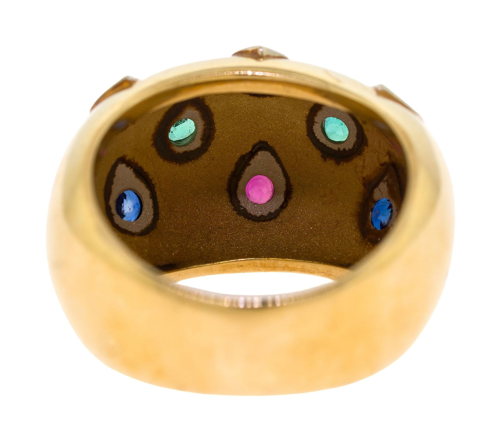 14K GOLD EMERALD, RUBY & SAPPHIRE DOME RING. - 10