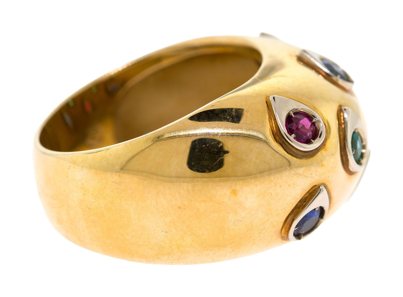 14K GOLD EMERALD, RUBY & SAPPHIRE DOME RING. - 11