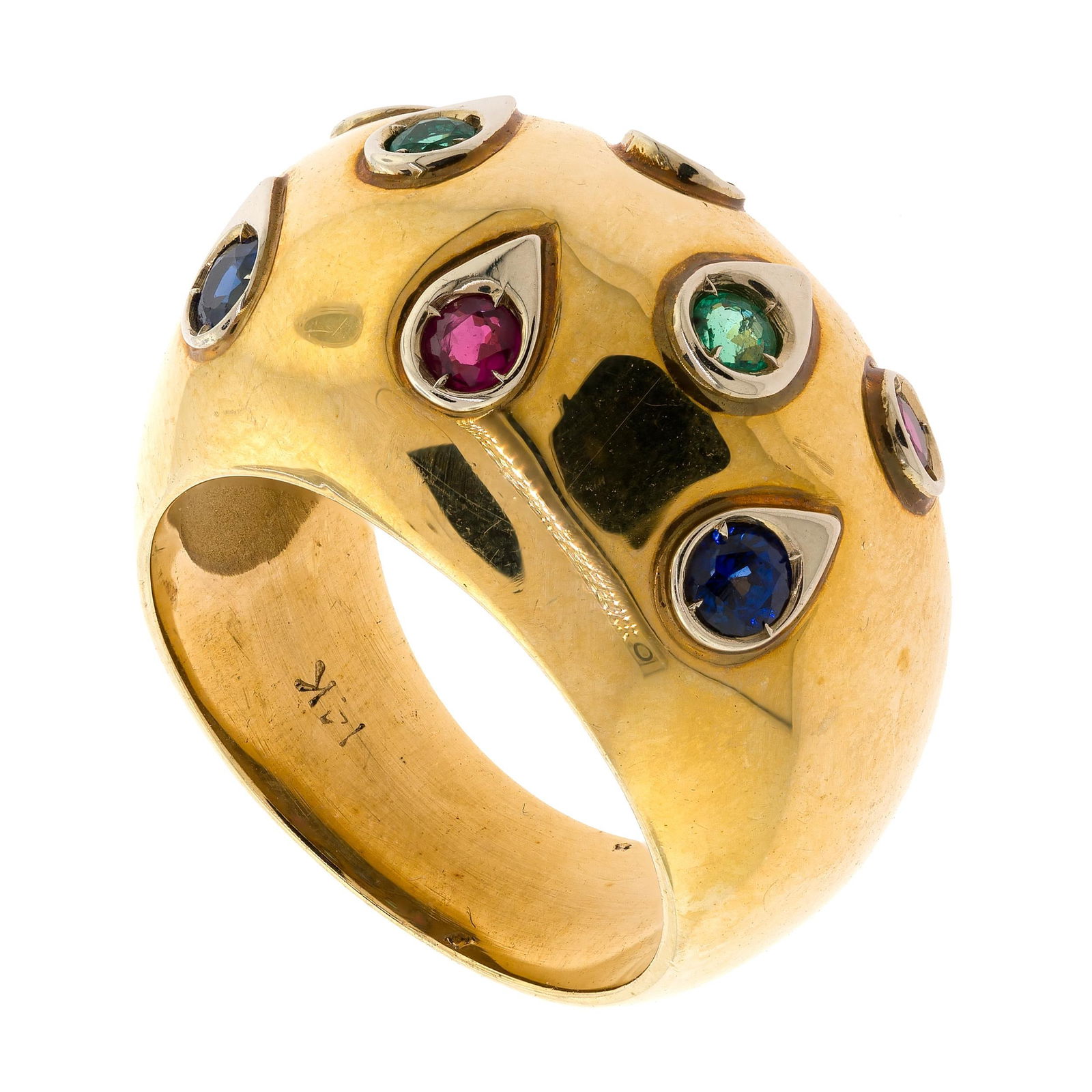 14K GOLD EMERALD, RUBY & SAPPHIRE DOME RING. - 12