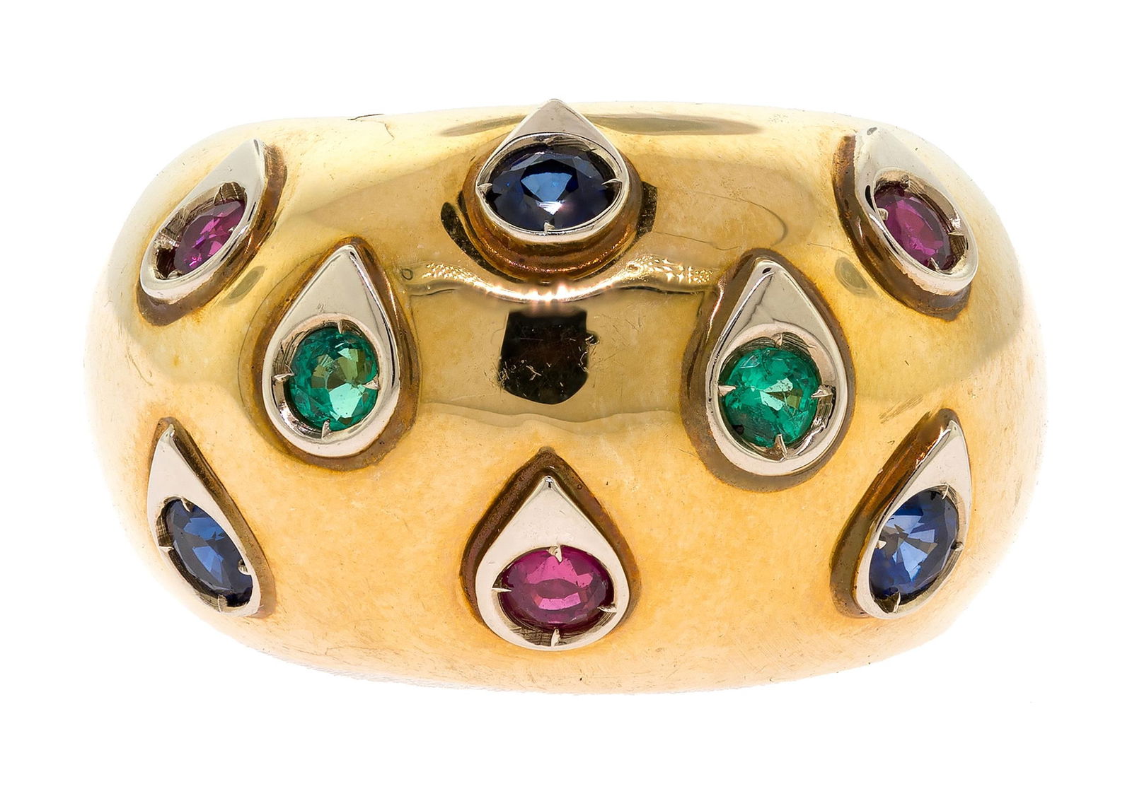 14K GOLD EMERALD, RUBY & SAPPHIRE DOME RING. - 2