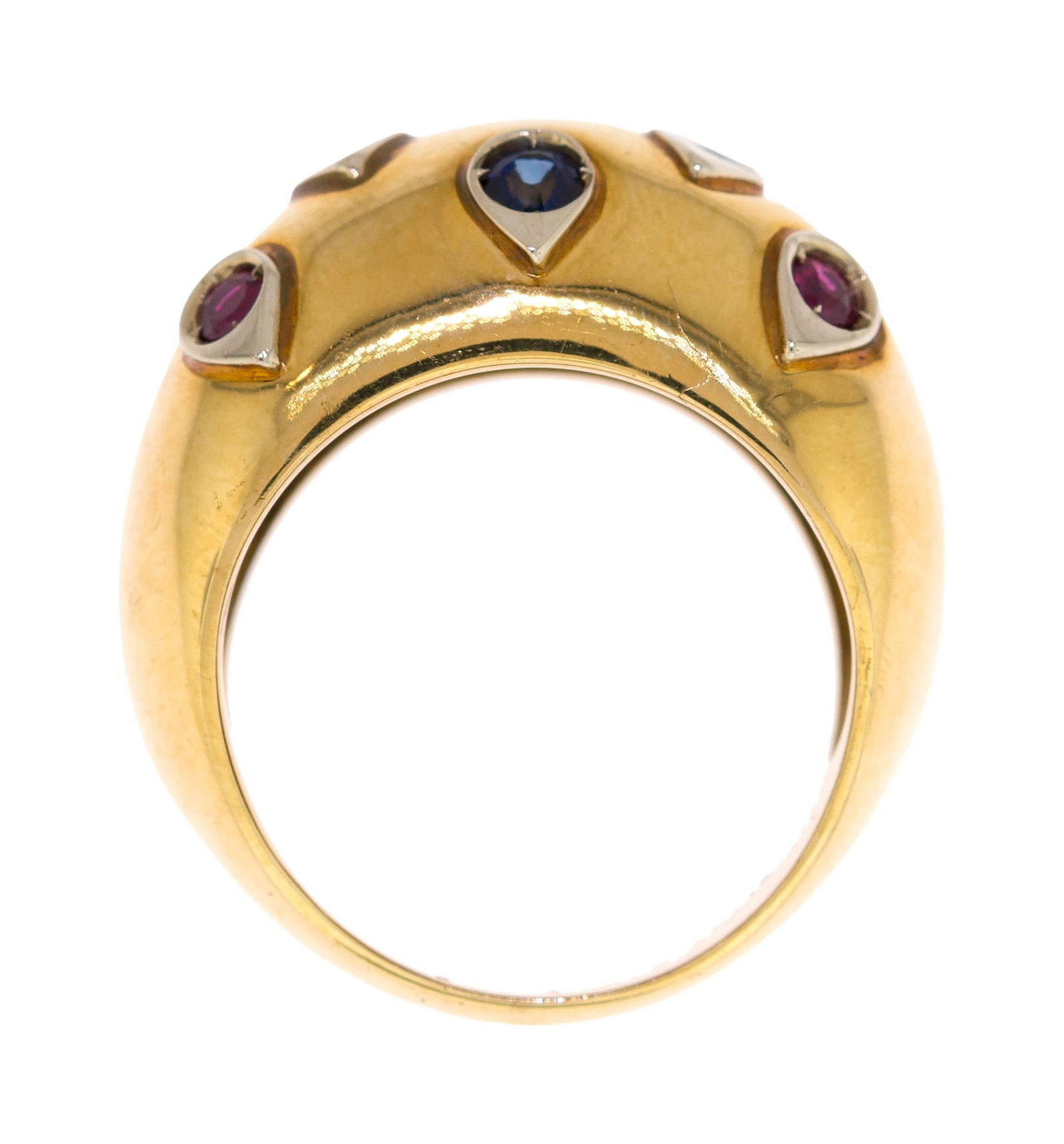 14K GOLD EMERALD, RUBY & SAPPHIRE DOME RING. - 8