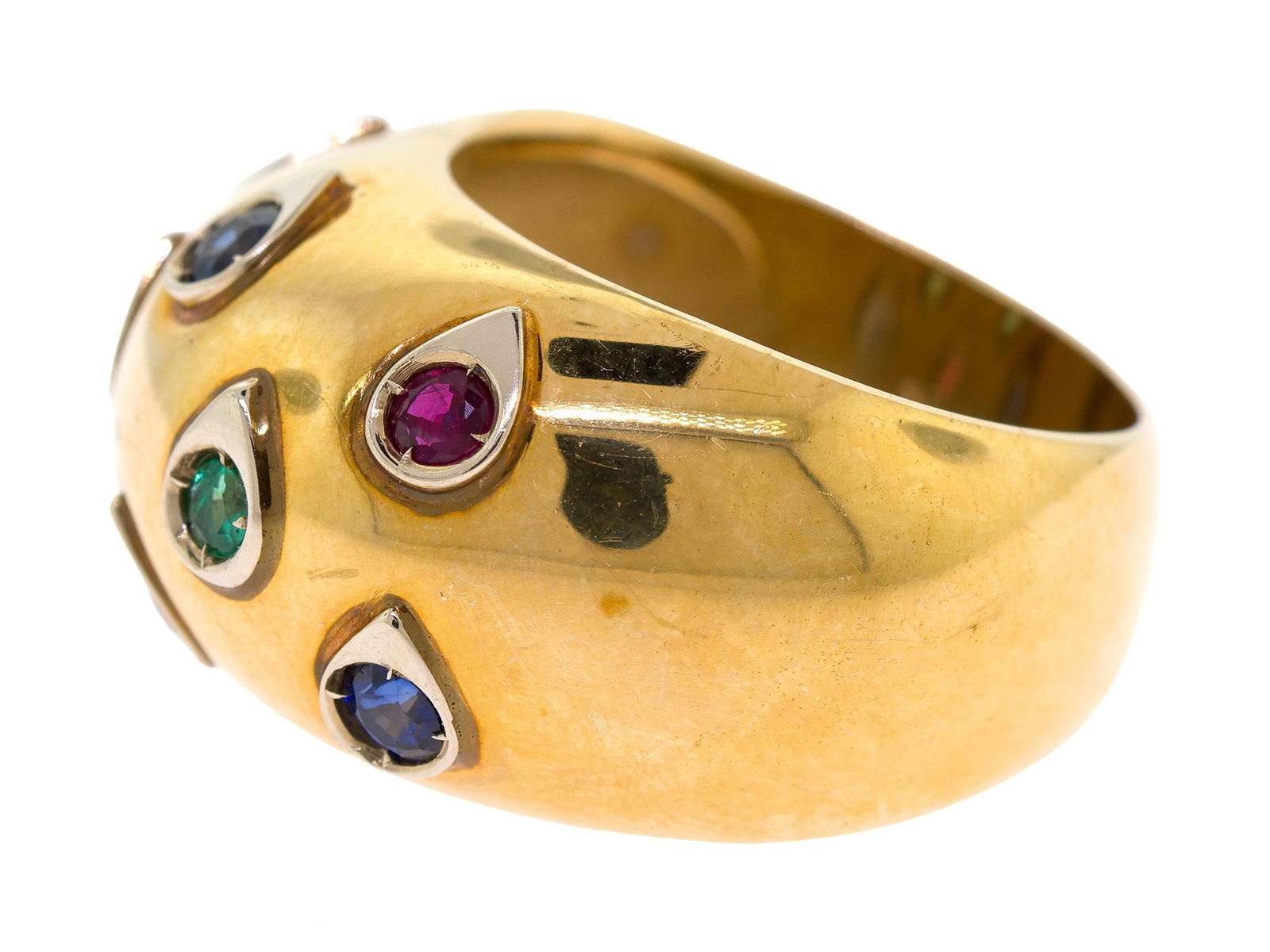 14K GOLD EMERALD, RUBY & SAPPHIRE DOME RING. - 9