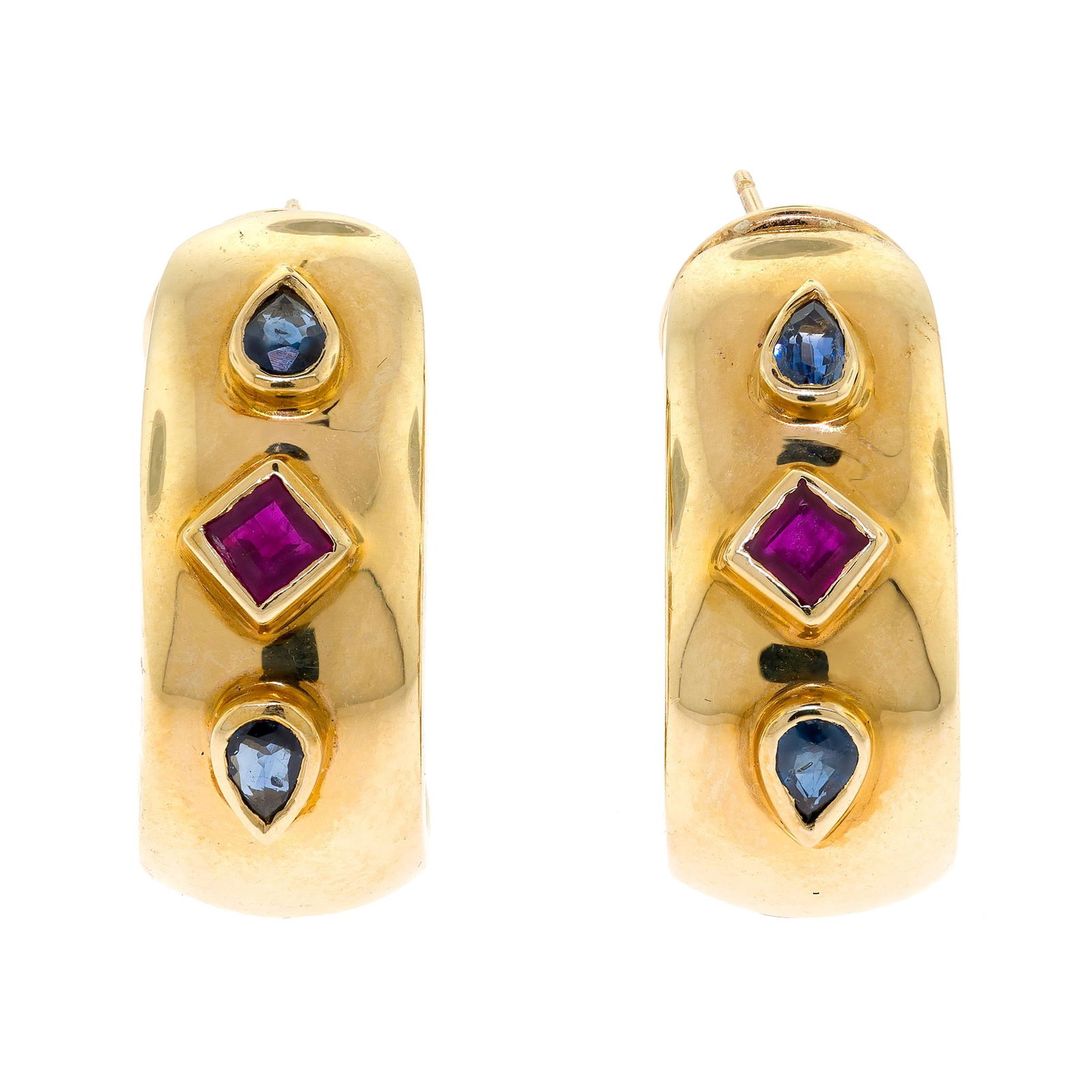 14K GOLD RUBY & SAPPHIRE HALF-HOOP POST EARRINGS.: A 14k yellow gold (stamped) half-hoop post earrings with omega clip closures set with approx. 1.0 ct. tw. square step cut, medium dark red rubies and faceted pear shaped, medium dark blue sapphires,