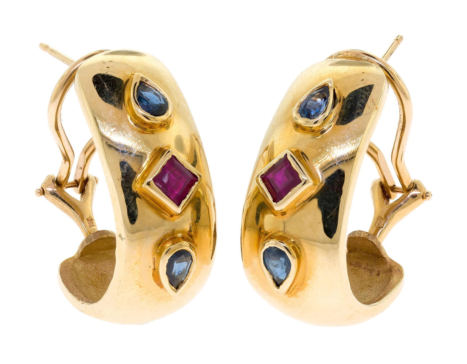 14K GOLD RUBY & SAPPHIRE HALF-HOOP POST EARRINGS. - 2